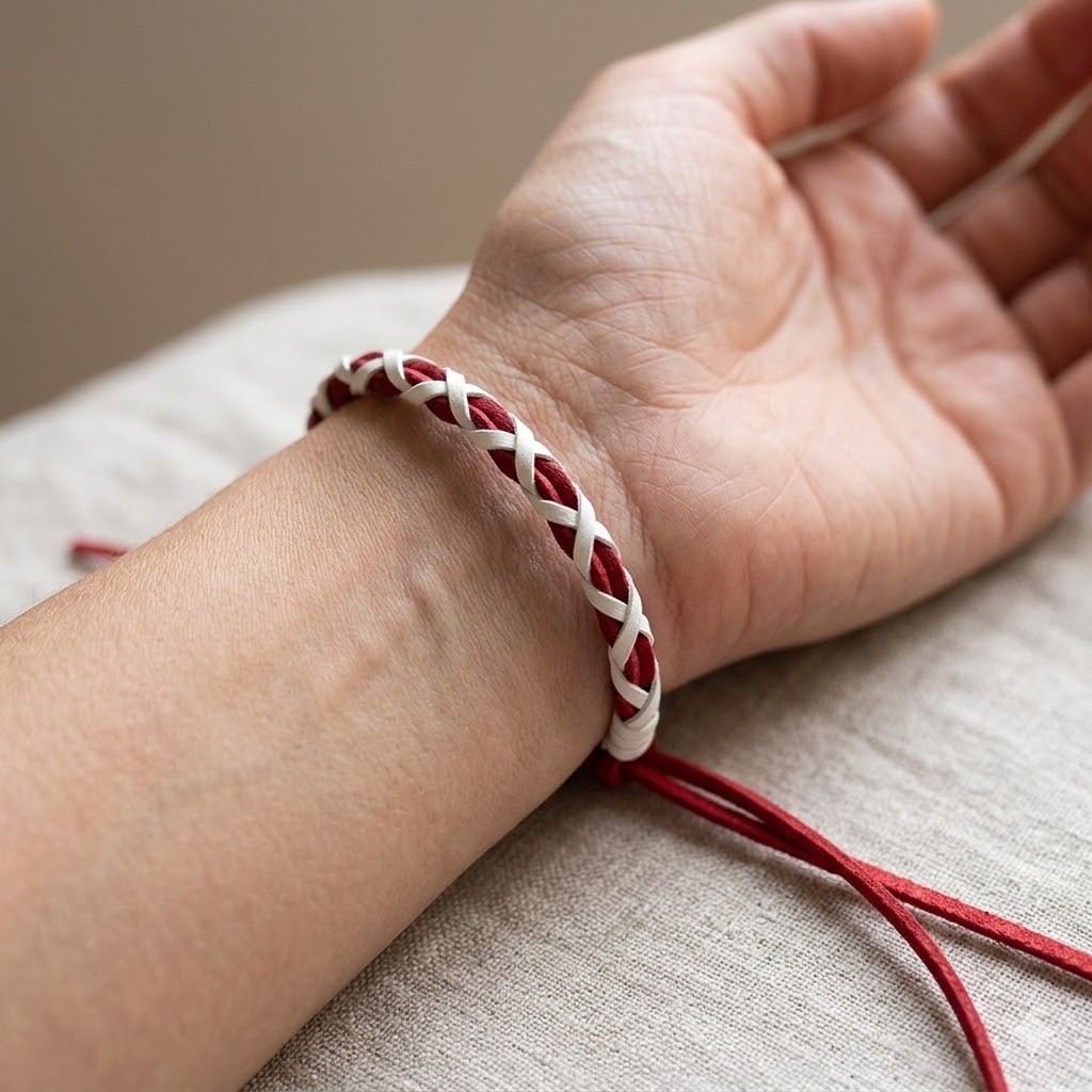 Brățară Martisor din Catifea Împletită, Model Alb-Roșu, Reglabilă