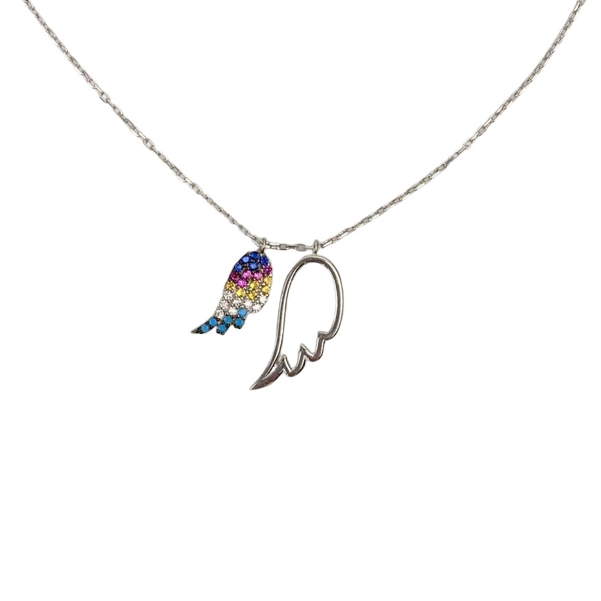 Colier din Argint 925, Aripa Dubla cu Zirconii Multicolore 40 cm