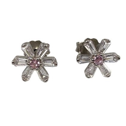 Cercei Argint 925, Floare cu Zirconii Roz