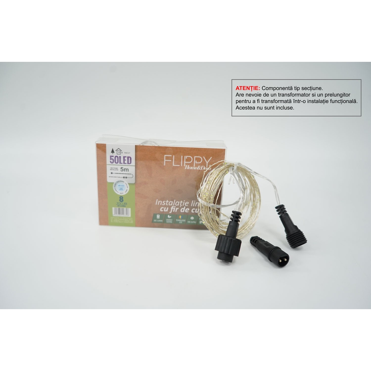 Instalatie de Craciun Tip Liniar, 8 jocuri de lumini, Fir Cupru, 5 m, 50 LED -uri, Alb Rece