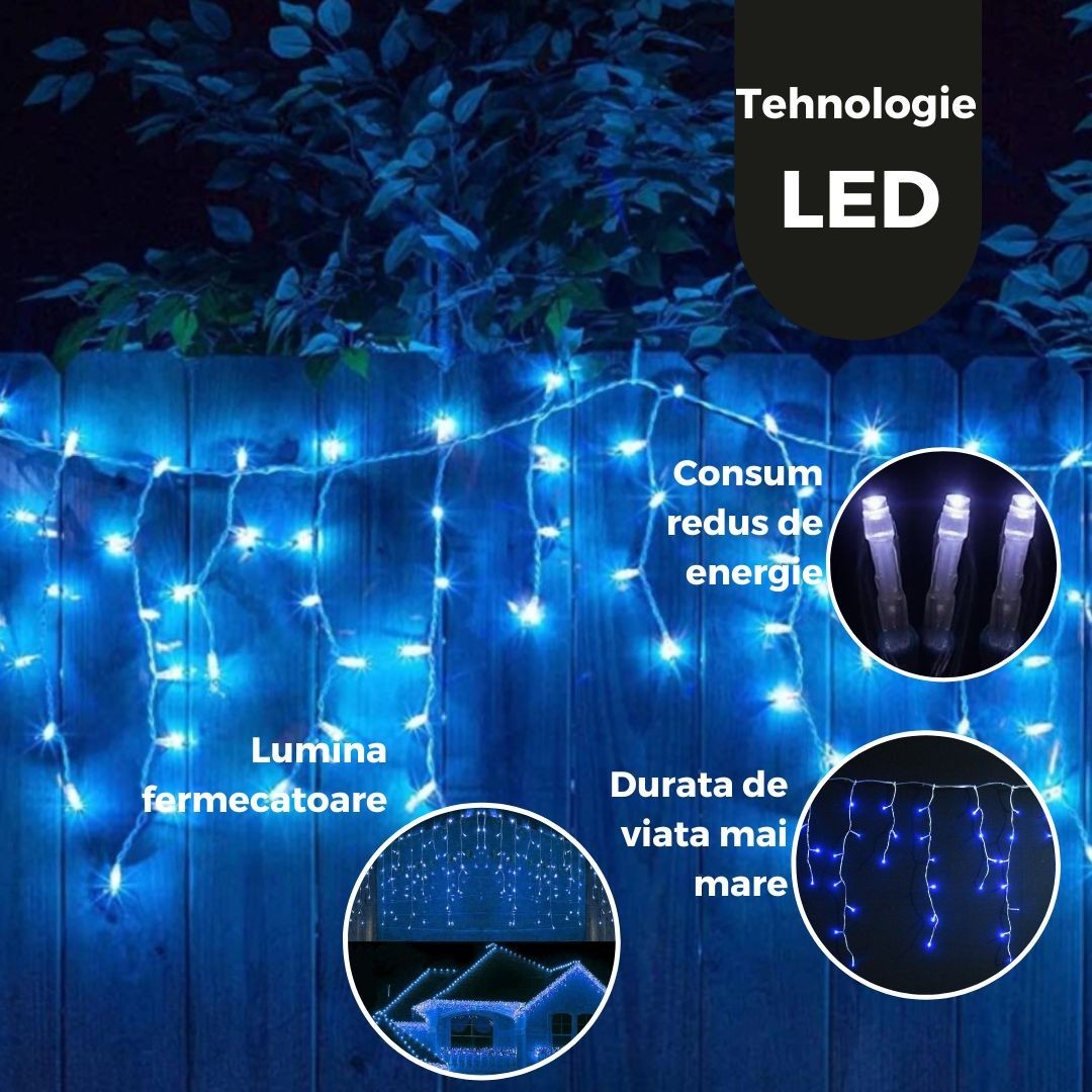 Instalatie de Craciun, ®, Tip Turturi, Sectiune 5 m, 143 LED-uri, 8 Jocuri de Lumini, Fir Alb, Lumina Albastra, IP44, Interconectabila 3