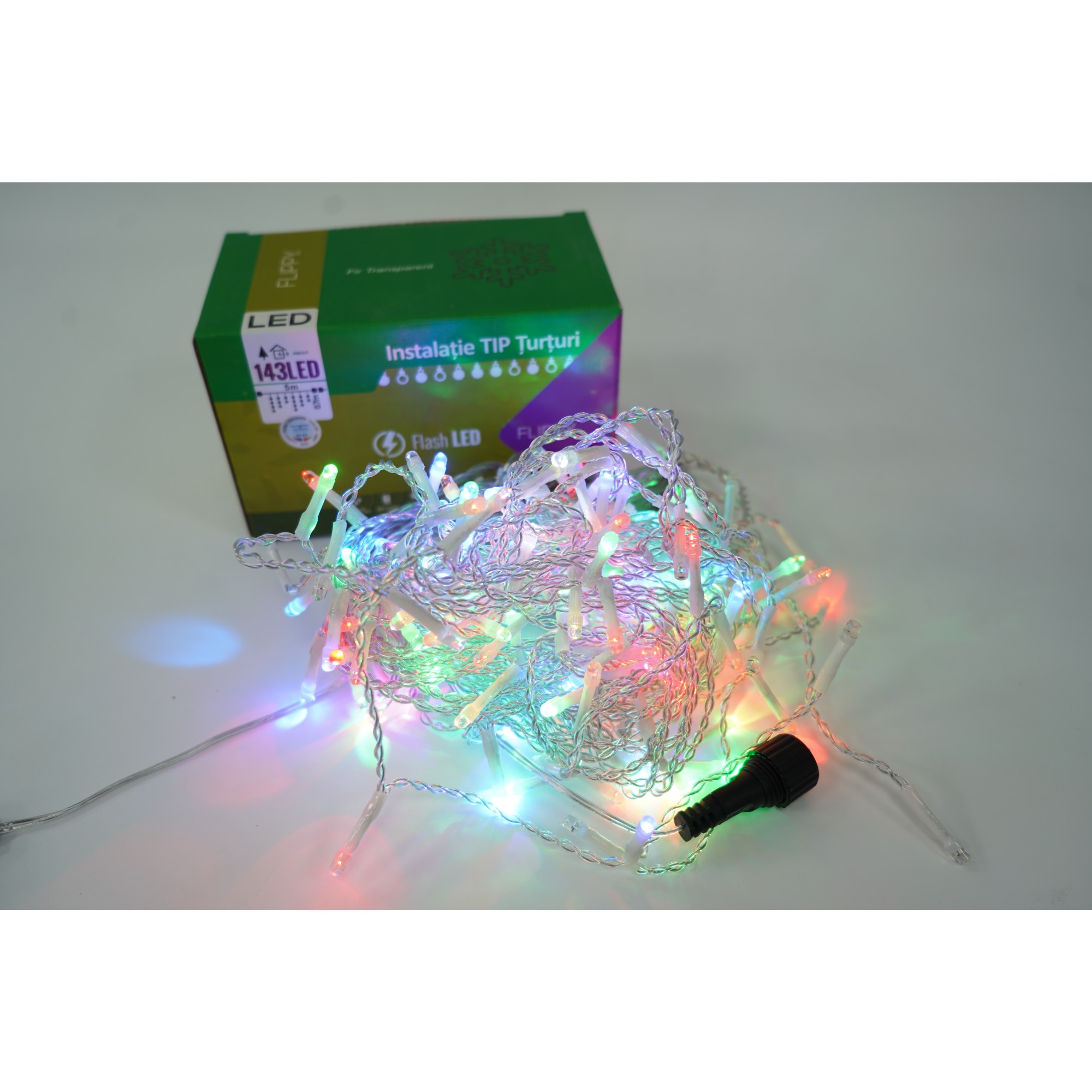 Instalatie de Craciun ® Tip Turturi, Franjuri cu Flash, Sectiune 5 m, 143 LED-uri, Interconectabila, Fir Transparent, RB-RG 2