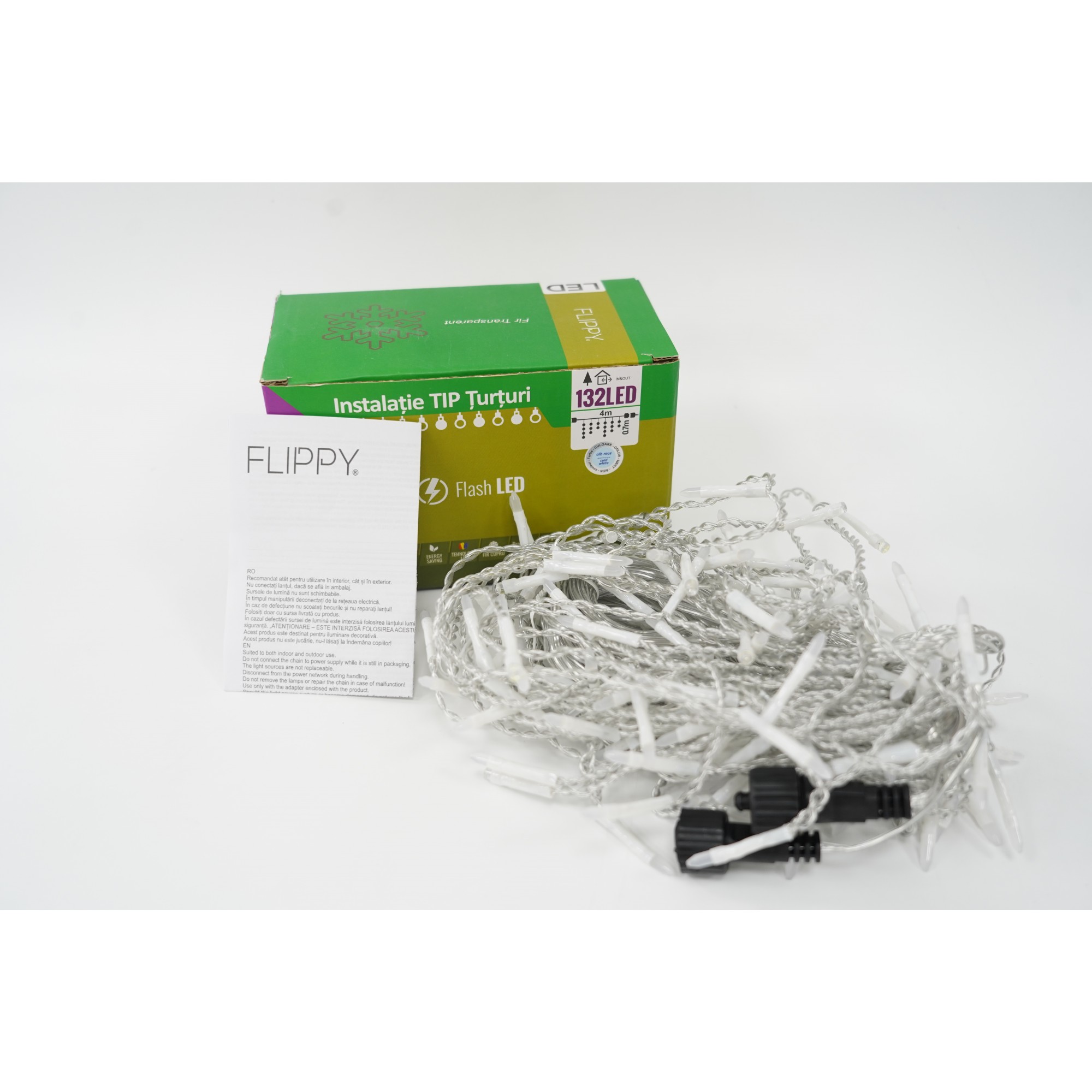 Instalatie de Craciun ® Tip Turturi, Franjuri cu Flash, Sectiune 4 m, 132 LED-uri, Interconectabila, Fir Transparent, Alb Rece 2