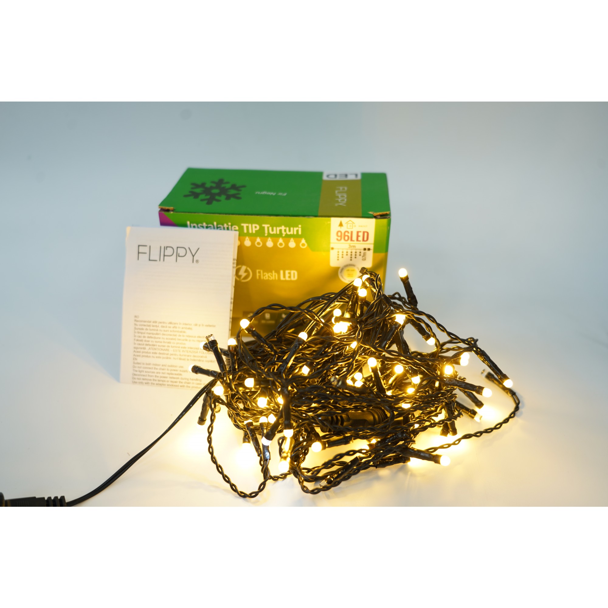 Instalatie de Craciun ® Tip Turturi, Franjuri cu Flash, Sectiune 3 m, 96 LED-uri, Interconectabila, Fir Negru, Alb Cald 2