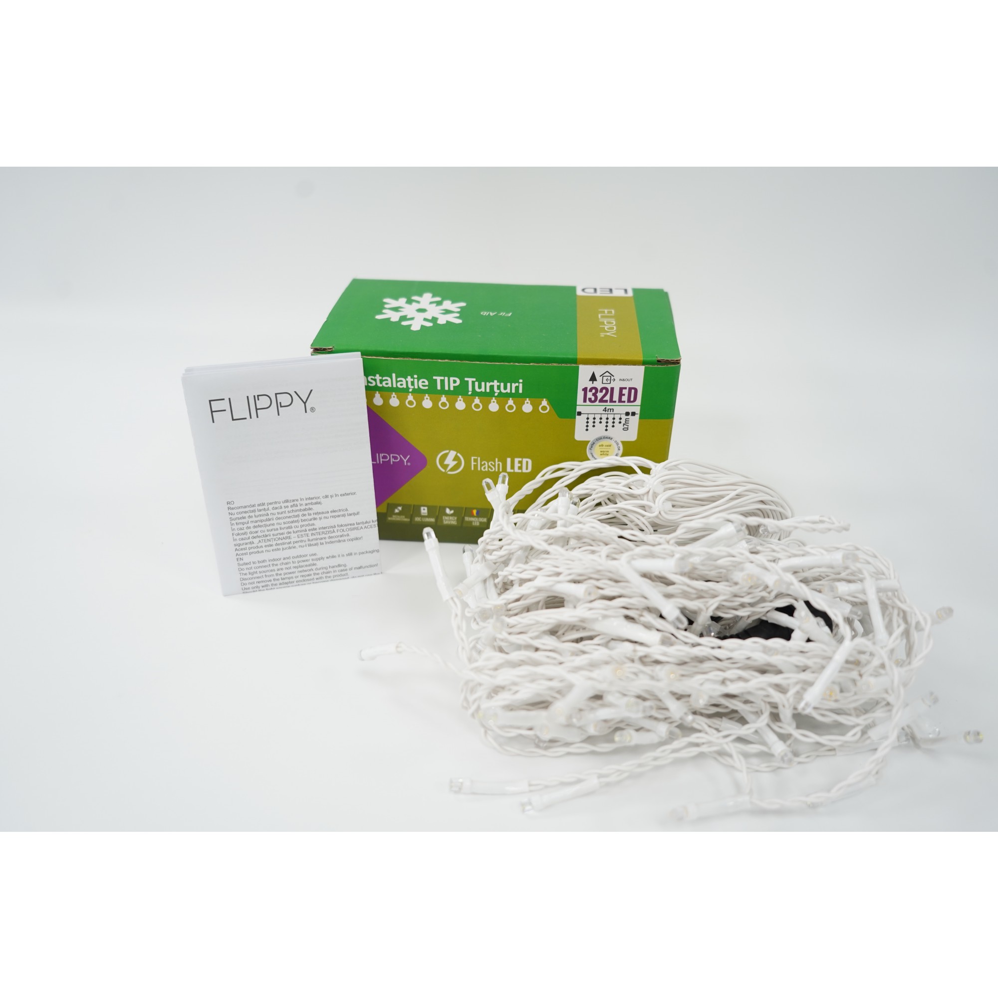 Instalatie de Craciun Flippy® Tip Turturi, Franjuri cu Flash, Sectiune 4 m, 132 LED-uri, Interconectabila, Fir Alb, Alb Cald