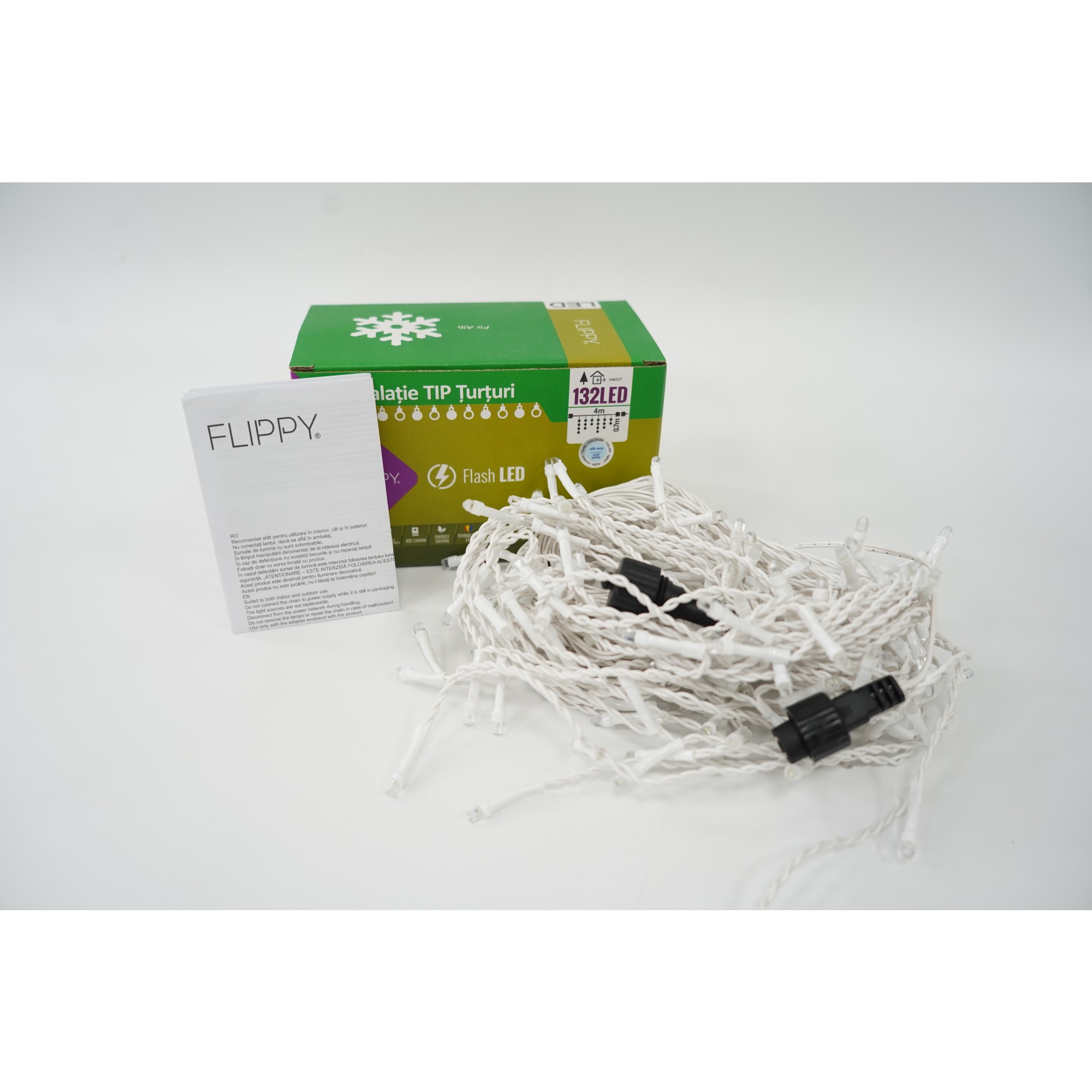 Instalatie de Craciun ® Tip Turturi, Franjuri cu Flash, Sectiune 4 m, 132 LED-uri, Interconectabila, Fir Alb, Alb Rece 2