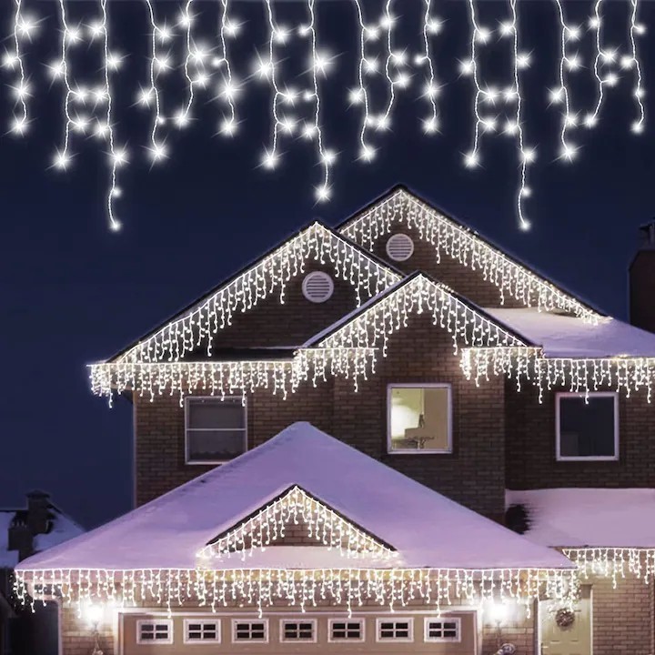 Sectiune Instalatie de Craciun, Flippy®, Tip Franjuri, 5 m, 143 LED-uri, cu 8 Jocuri de Lumini, Fir de Cupru, Lumina Alb Rece, IP44, Interconectabila