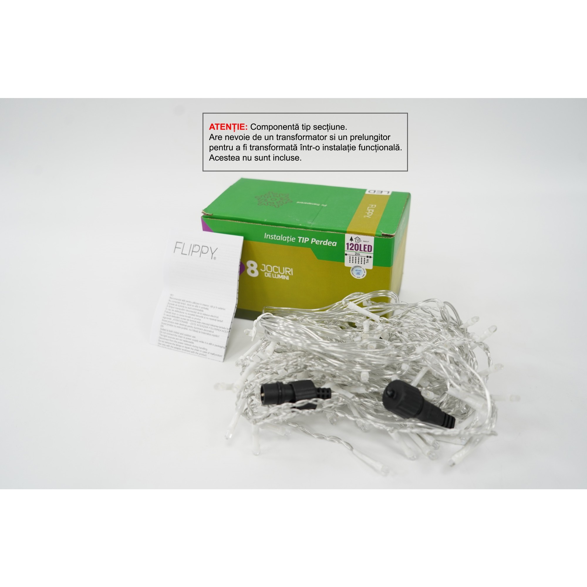 Sectiune Instalatie de Craciun Flippy Tip Perdea, 8 jocuri de lumini, 2m x1 m, 120 LED-uri, Interconectabila, Fir Transparent, Alb Rece