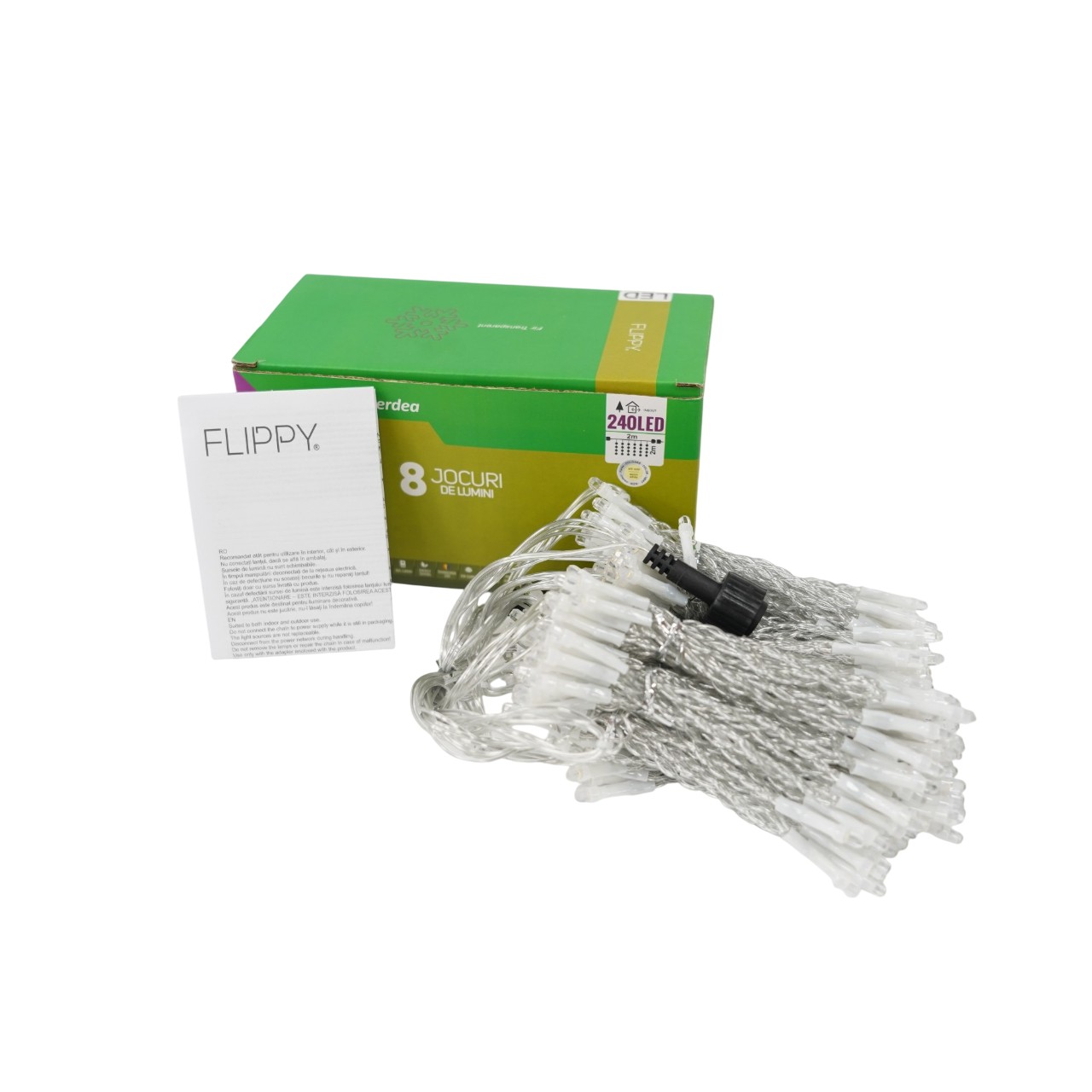 Sectiune Instalatie de Craciun Flippy Tip Perdea, 8 jocuri de lumini, 2m x2 m, 240 LED-uri, Interconectabila, Fir Transparent, Alb-cald Sectiune Instalatie de Craciun Flippy Tip Perdea, 8 jocuri de lumini, 2m x2 m, 240 LED-uri, Interconectabila, Fir Transparent, Alb-cald