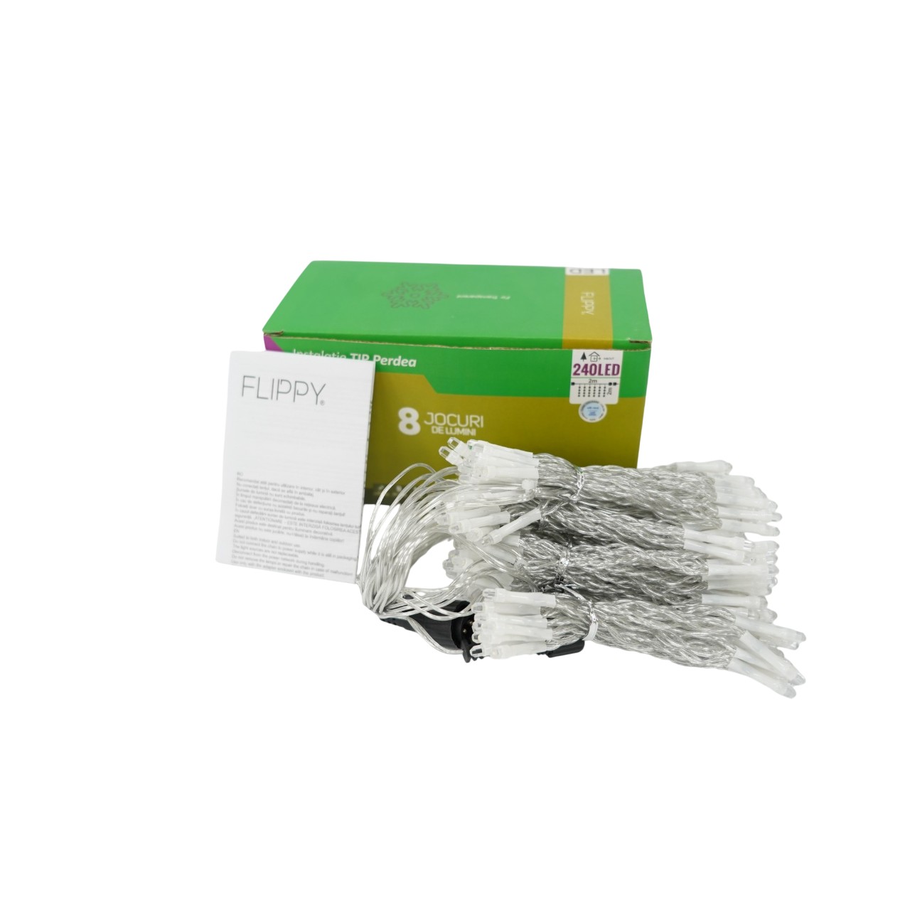 Sectiune Instalatie de Craciun Flippy Tip Perdea, 8 jocuri de lumini, 2m x2 m, 240 LED-uri, Interconectabila, Fir Transparent, Alb-Rece