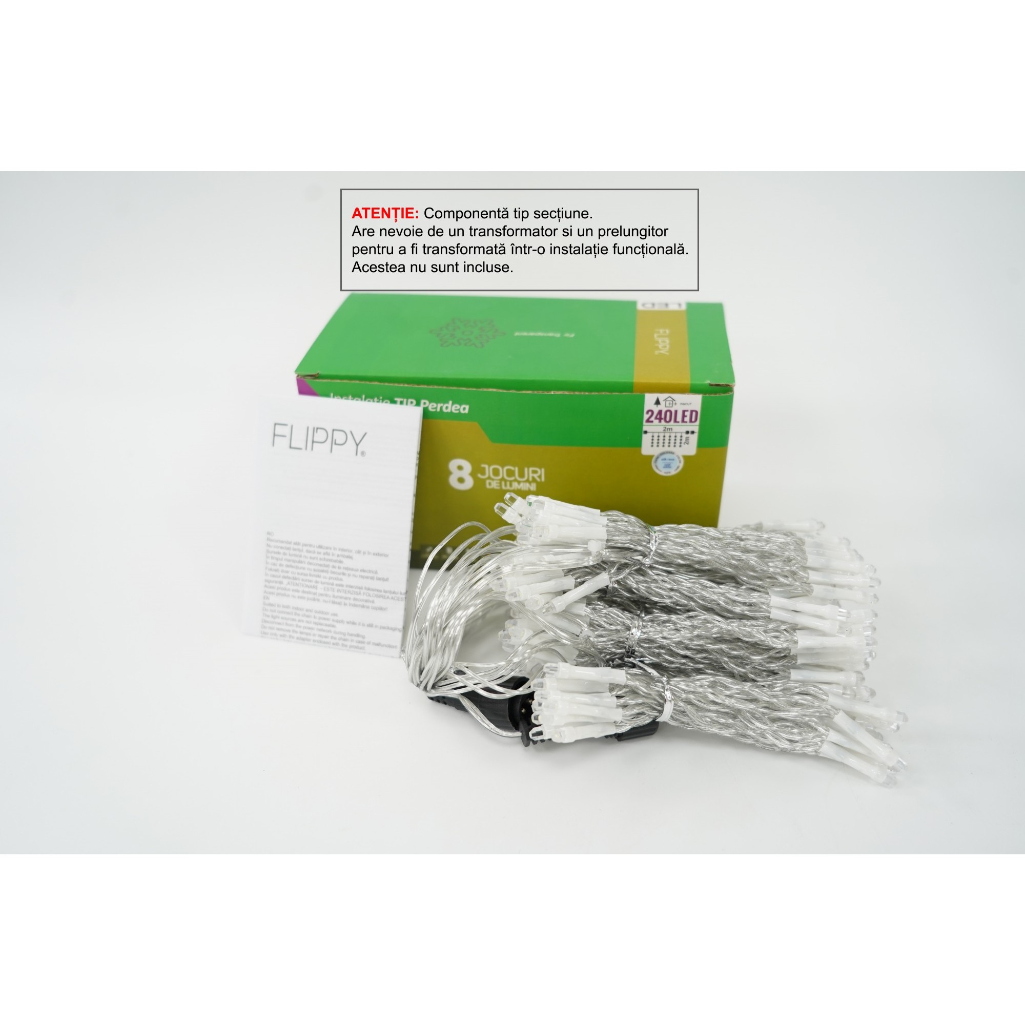 Sectiune Instalatie de Craciun Flippy Tip Perdea, 8 jocuri de lumini, 2m x2 m, 240 LED-uri, Interconectabila, Fir Transparent, Alb-Rece