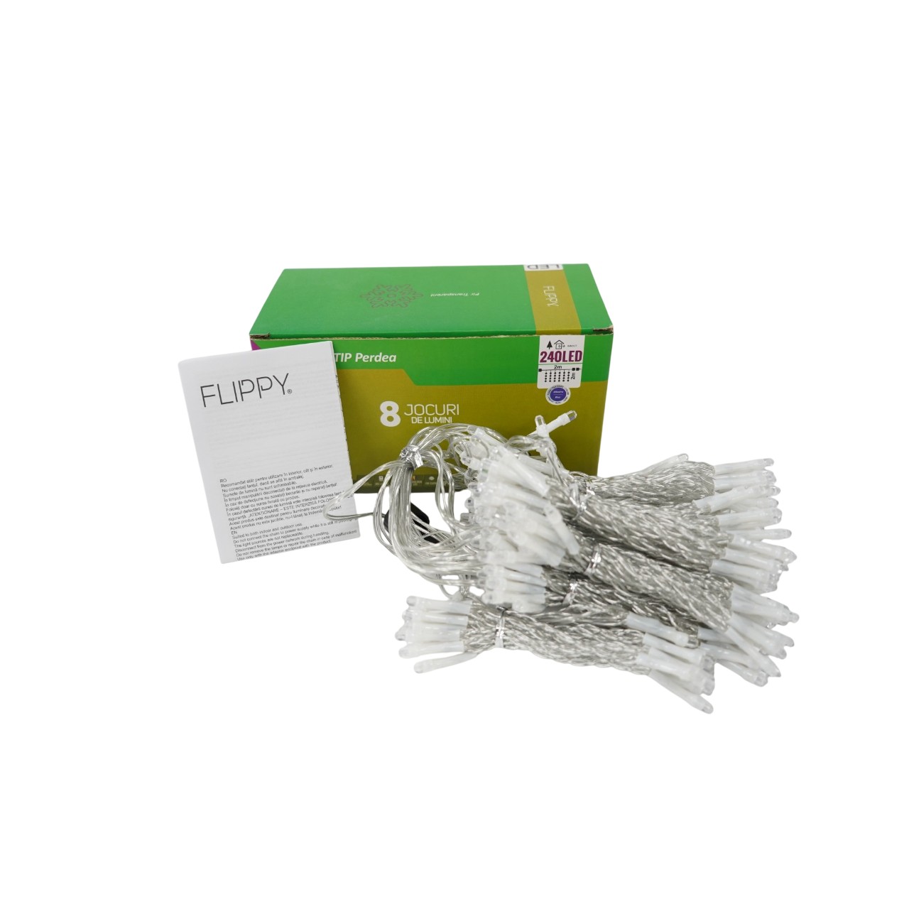 Sectiune Instalatie de Craciun Tip Perdea, 8 jocuri de lumini, 2m x2 m, 240 LED-uri, Interconectabila, Fir Transparent, Albastru 2