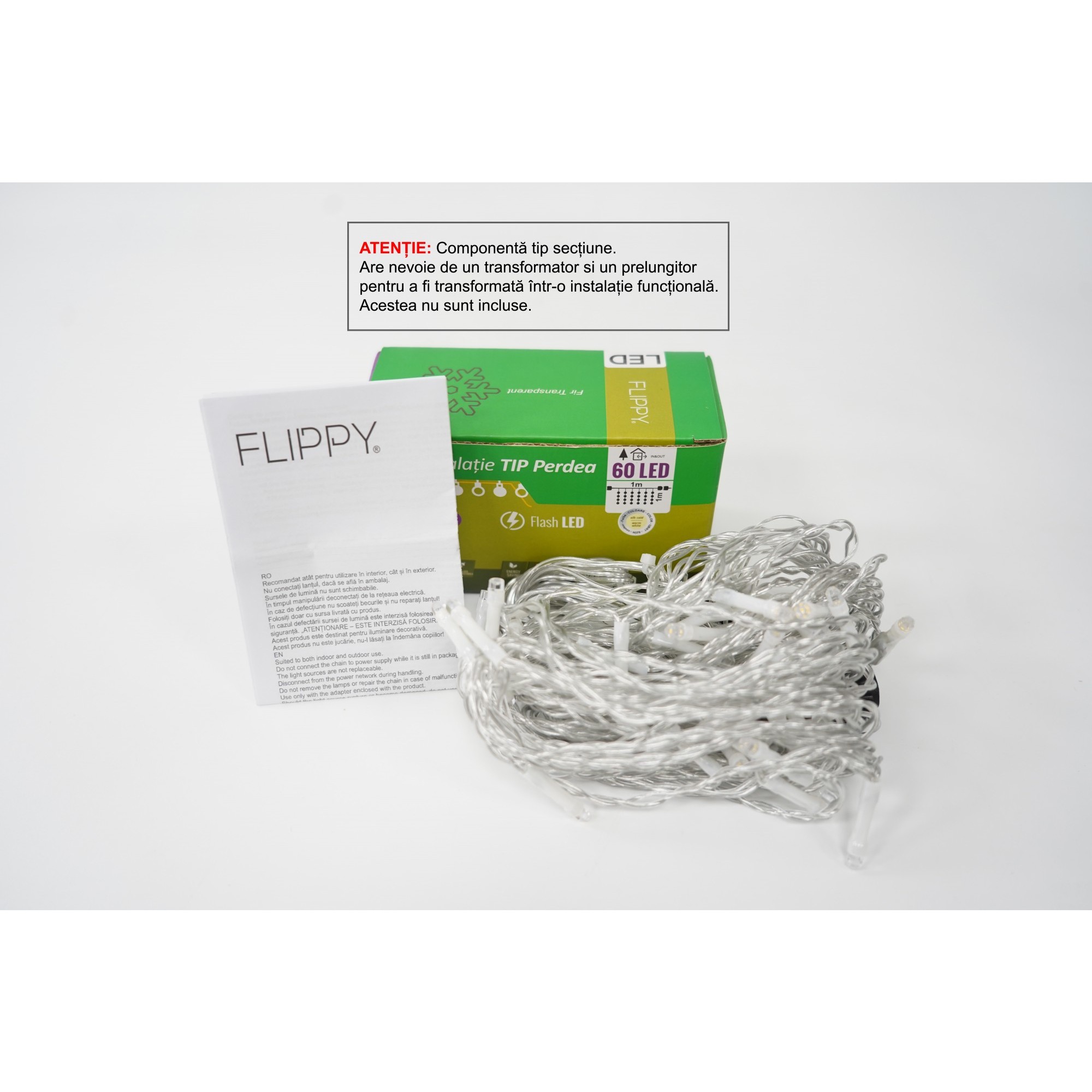 Sectiune Instalatie de Craciun Flippy Tip Perdea, cu Flash, 1 m x 1 m, 60 LED-uri, Interconectabila, Fir Transparent, Alb-cald