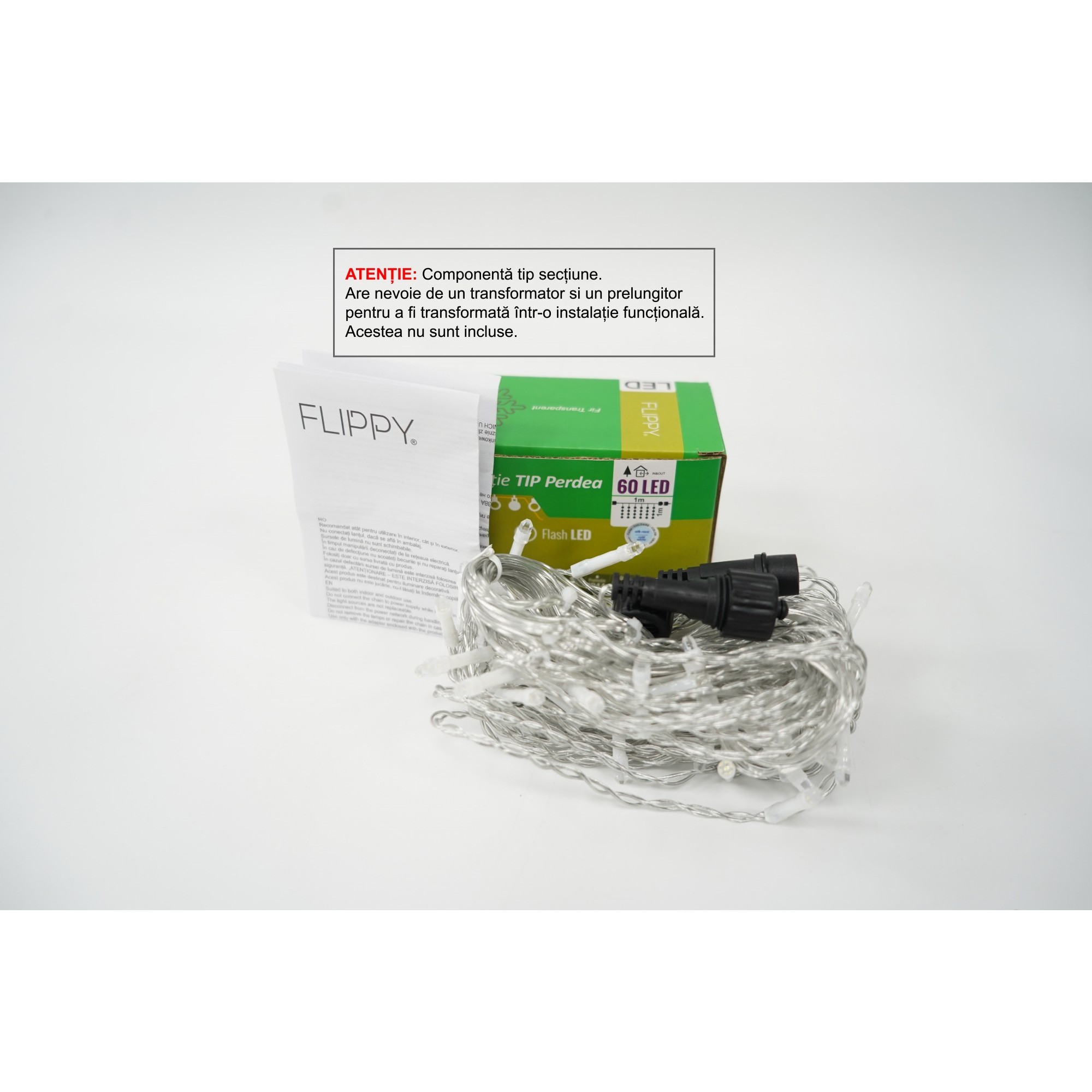 Sectiune Instalatie de Craciun Flippy Tip Perdea, cu Flash, 1 m x 1 m, 60 LED-uri, Interconectabila, Fir Transparent, Alb-Rece