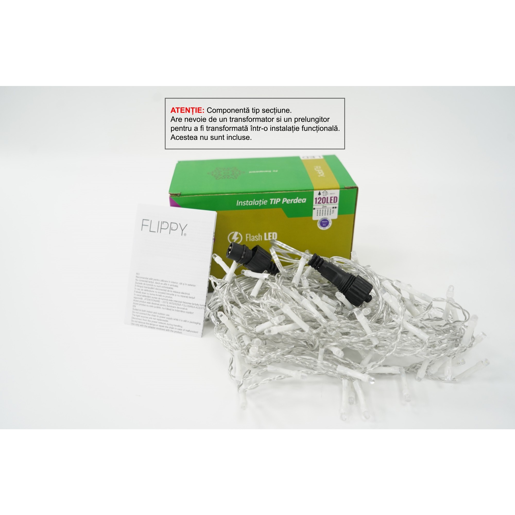 Sectiune Instalatie de Craciun Flippy Tip Perdea, cu Flash, 2 m x 1 m, 120 LED-uri, Interconectabila, Fir Transparent, Albastru