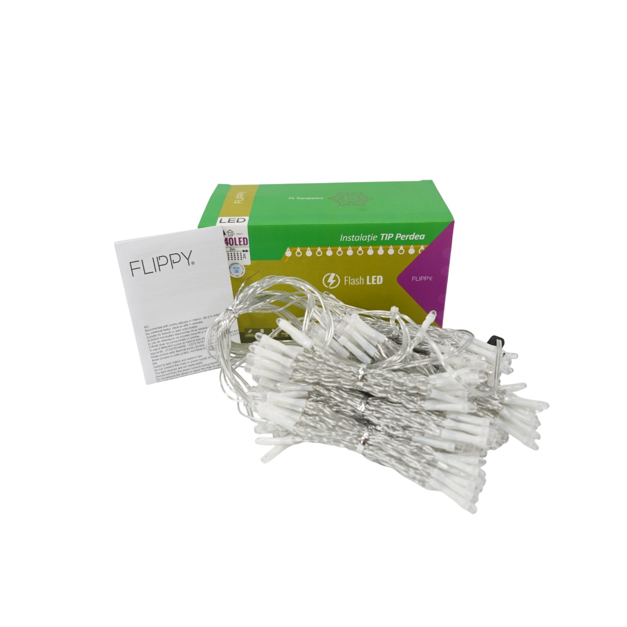 Sectiune Instalatie de Craciun Flippy Tip Perdea, cu Flash, 2 m x 2 m, 240 LED-uri, Interconectabila, Fir Transparent, Alb-Rece