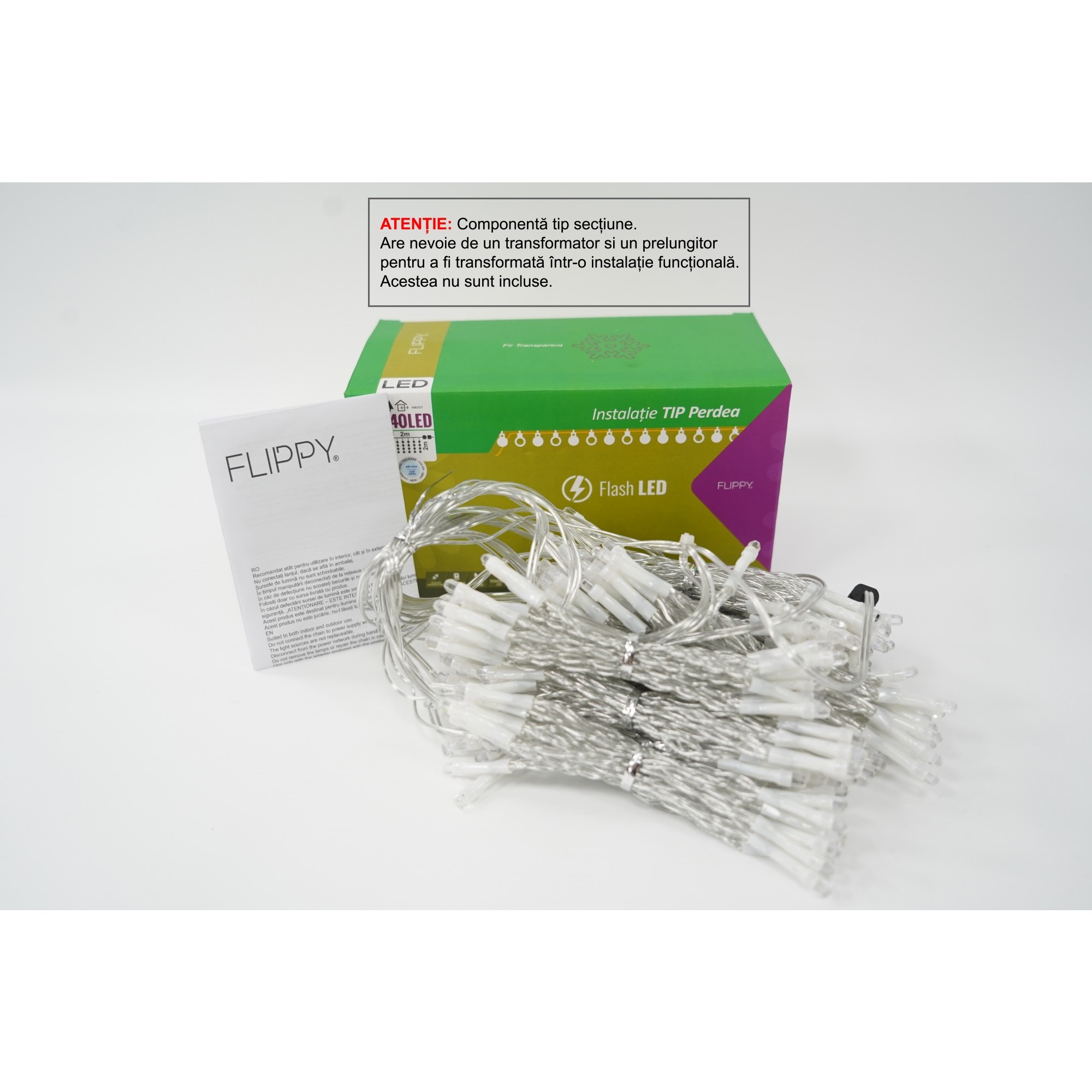 Sectiune Instalatie de Craciun Flippy Tip Perdea, cu Flash, 2 m x 2 m, 240 LED-uri, Interconectabila, Fir Transparent, Alb-Rece