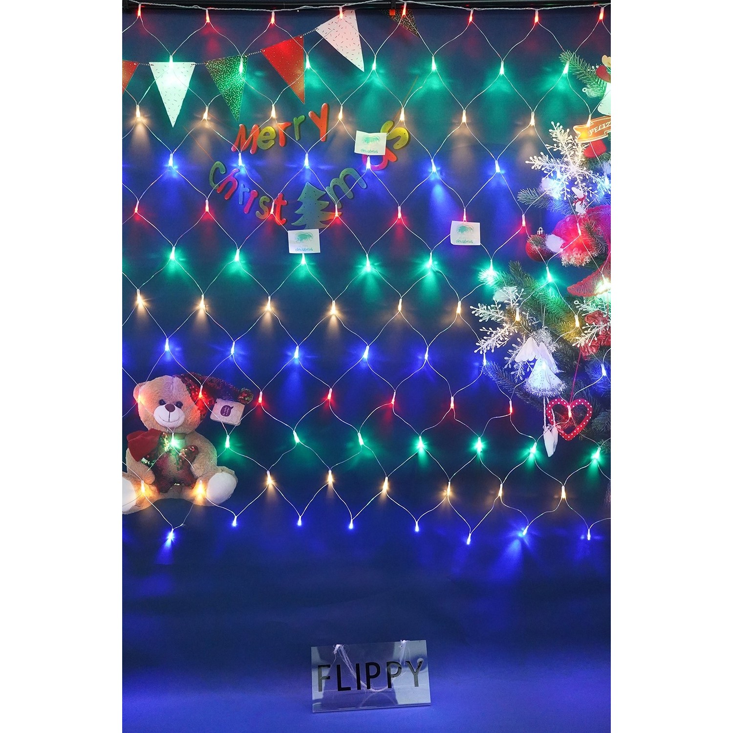 Sectiune Instalatie de Craciun , Tip Plasa, 120 LED-uri, 1.5 x 1.5 m, 8 jocuri de lumini, Interconectabila, Fir transparent, Multicolor 2