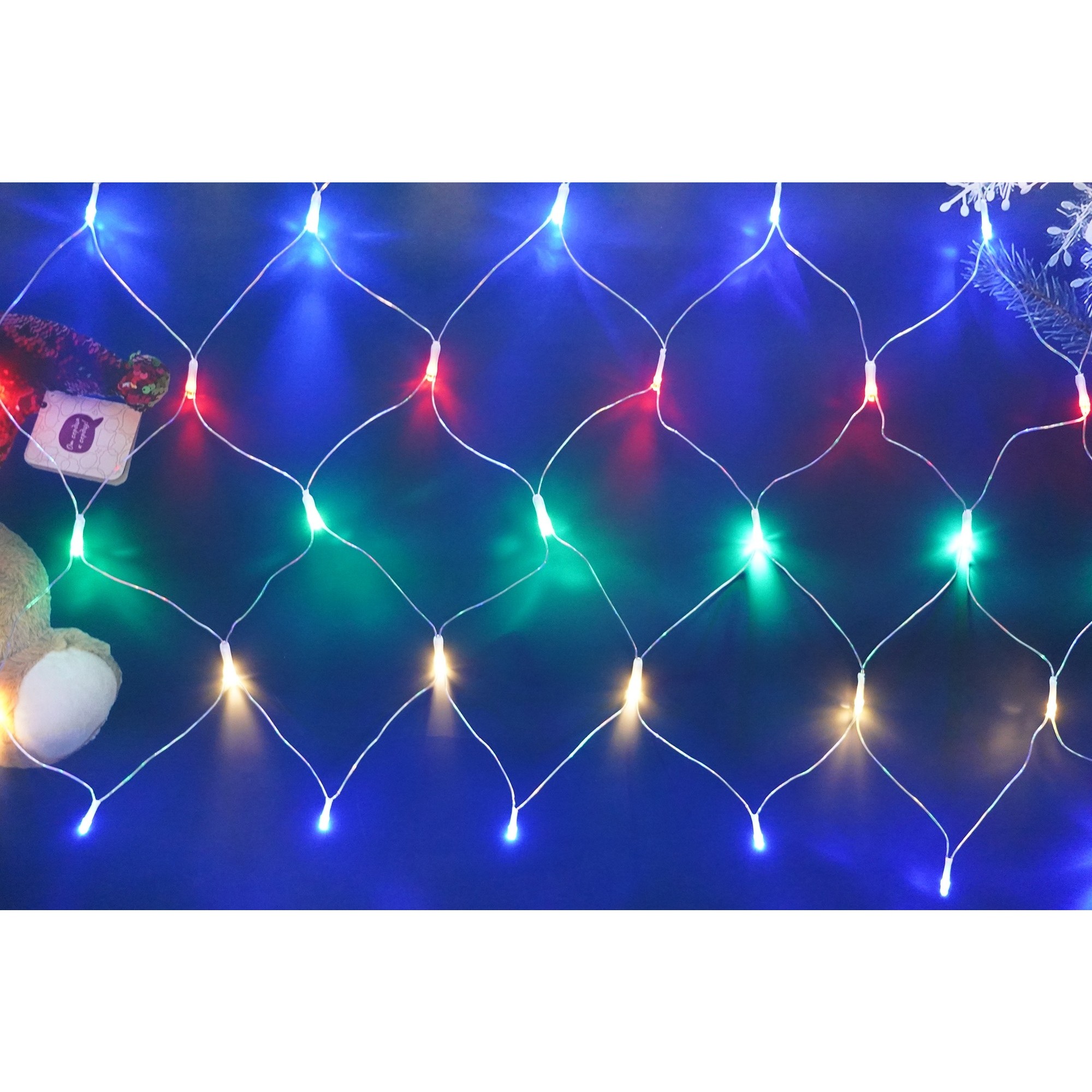 Sectiune Instalatie de Craciun , Tip Plasa, 120 LED-uri, 1.5 x 1.5 m, 8 jocuri de lumini, Interconectabila, Fir transparent, Multicolor 3