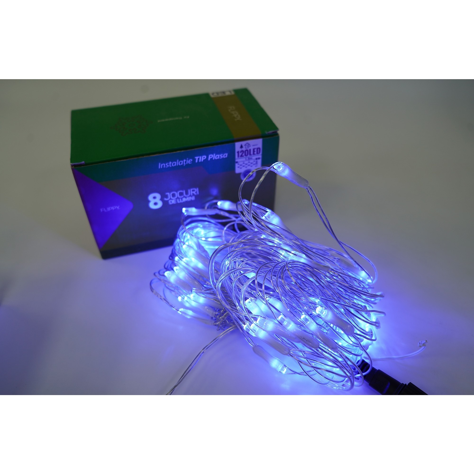 Sectiune Instalatie de Craciun , Tip Plasa, 120 LED-uri, 1.5 x 1.5 m, 8 jocuri de lumini, Interconectabila, Fir transparent, Albastru 4
