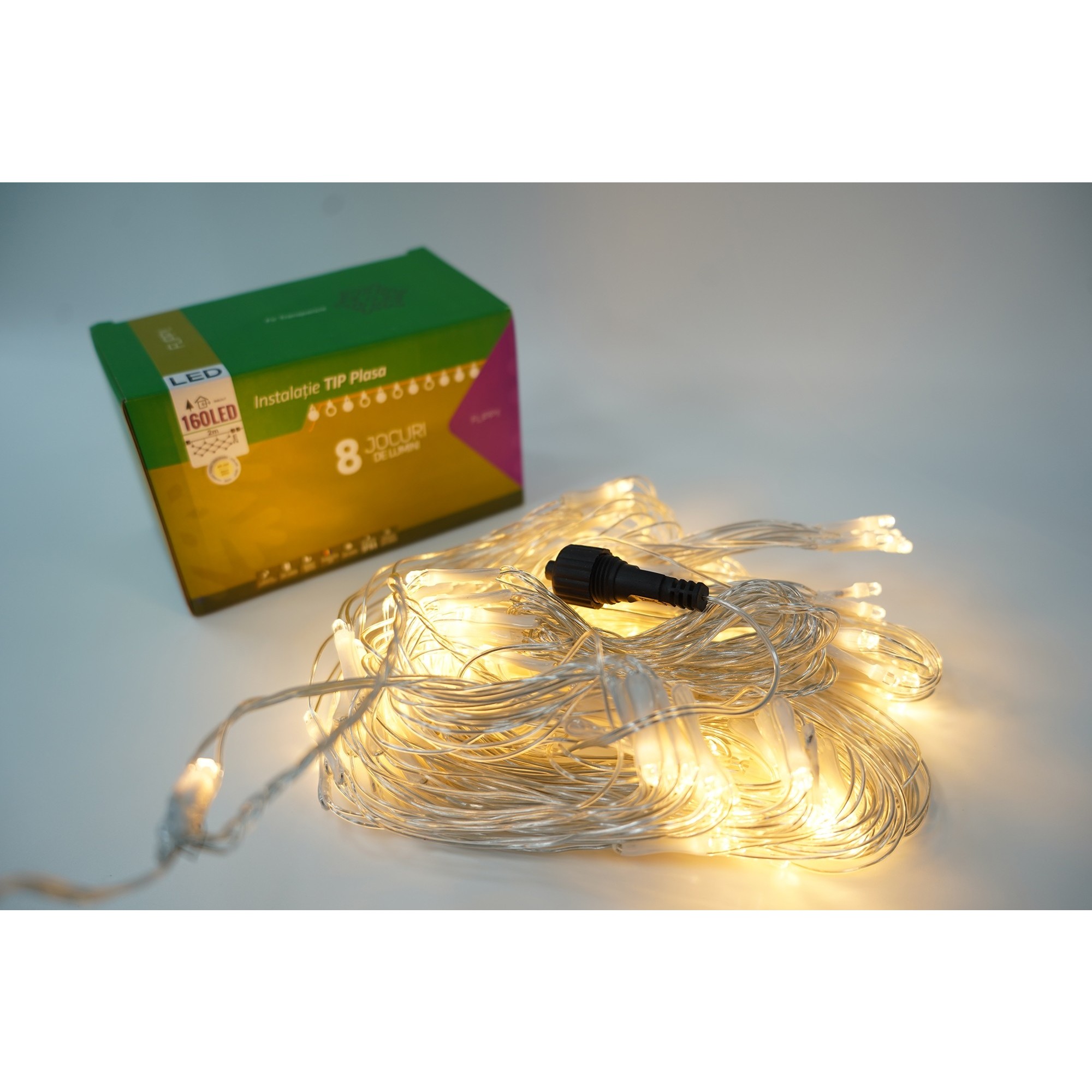 Sectiune Instalatie de Craciun , Tip Plasa, 160 LED-uri, 2 m x 2 m, 8 jocuri de lumini, Interconectabila, Fir transparent, Alb cald 3