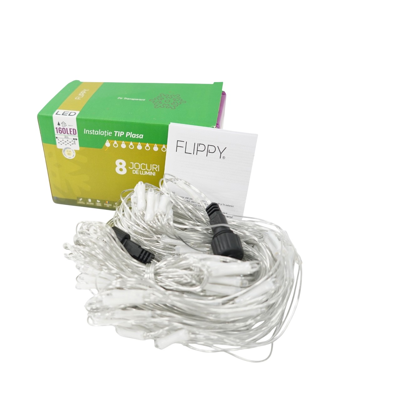 Sectiune Instalatie de Craciun , Tip Plasa, 160 LED-uri, 2 m x 2 m, 8 jocuri de lumini, Interconectabila, Fir transparent, Alb cald 5