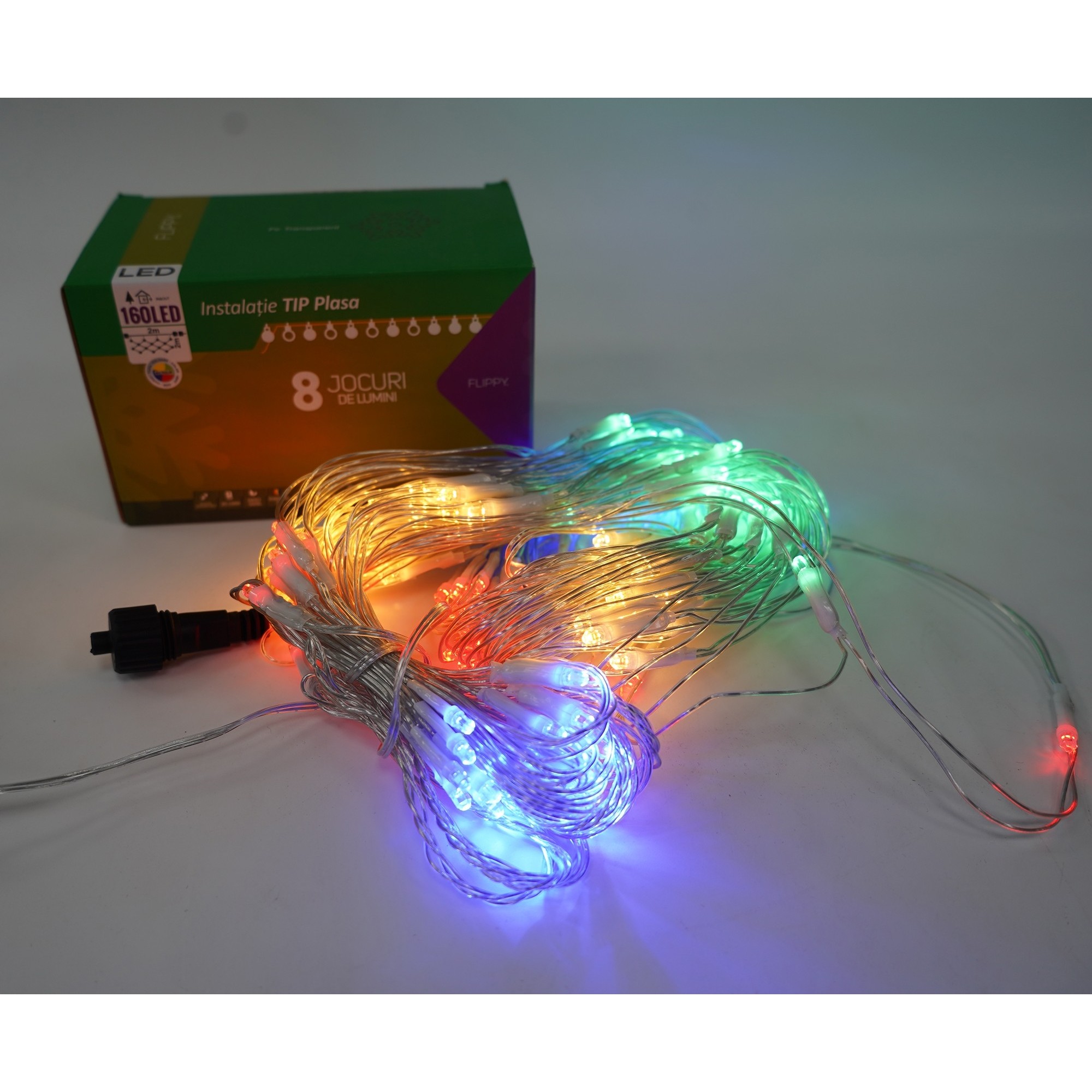 Sectiune Instalatie de Craciun , Tip Plasa, 160 LED-uri, 2 m x 2 m, 8 jocuri de lumini, Interconectabila, Fir transparent, Multicolor 4