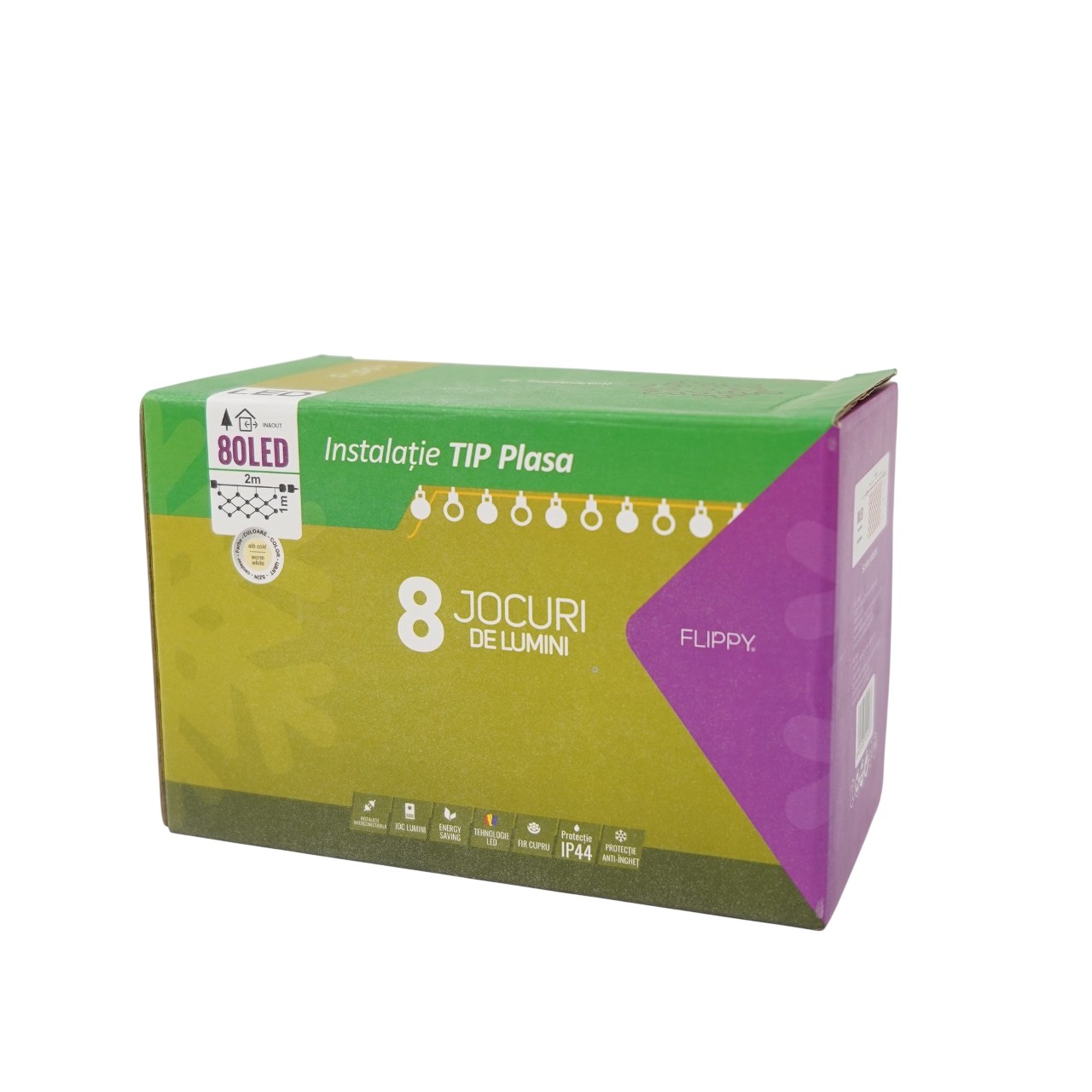 Sectiune Instalatie de Craciun Flippy, Tip Plasa, 80 LED-uri, 2 m x 1 m, 8 jocuri de lumini, Interconectabila, Fir transparent, Alb cald