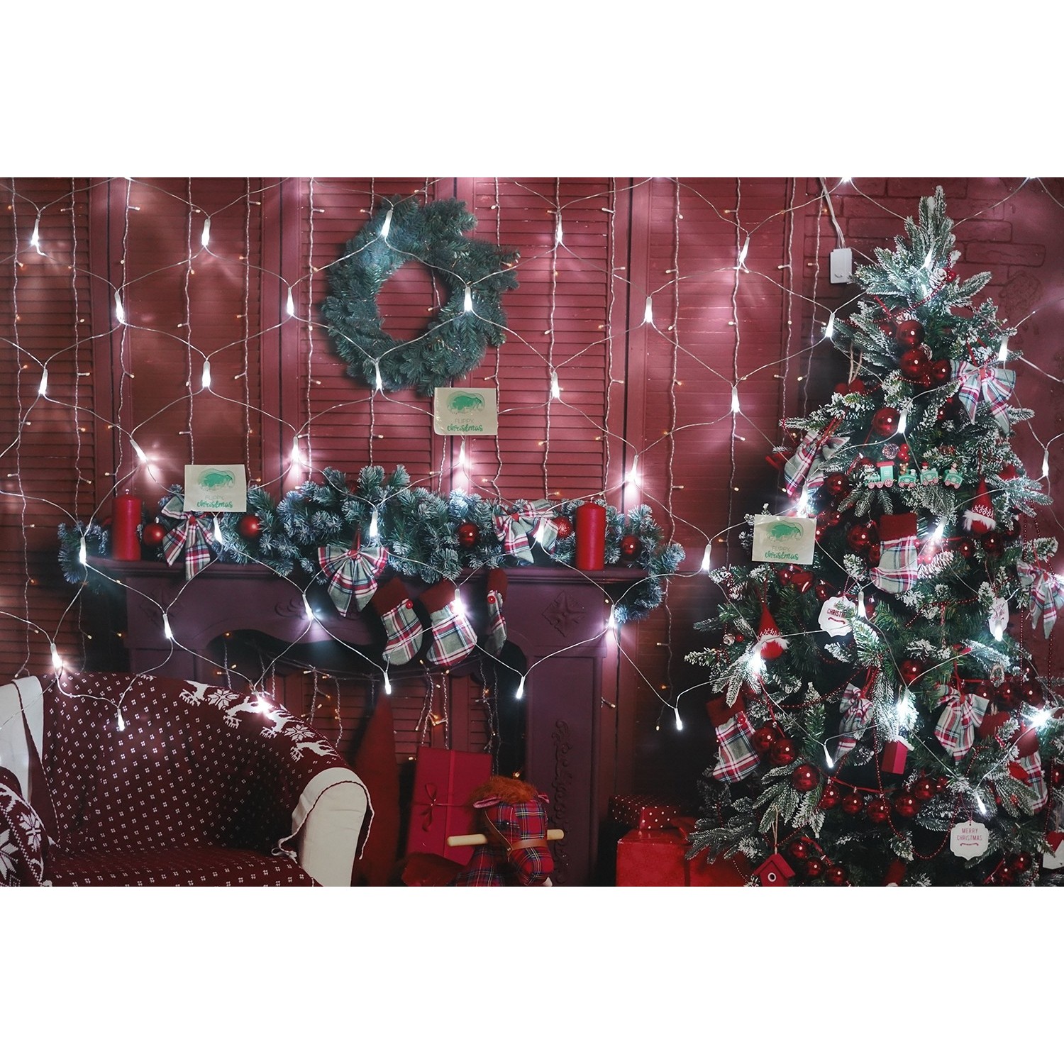 Sectiune Instalatie de Craciun , Tip Plasa, 80 LED-uri, 2 m x 1 m, 8 jocuri de lumini, Interconectabila, Fir transparent, Alb rece 2
