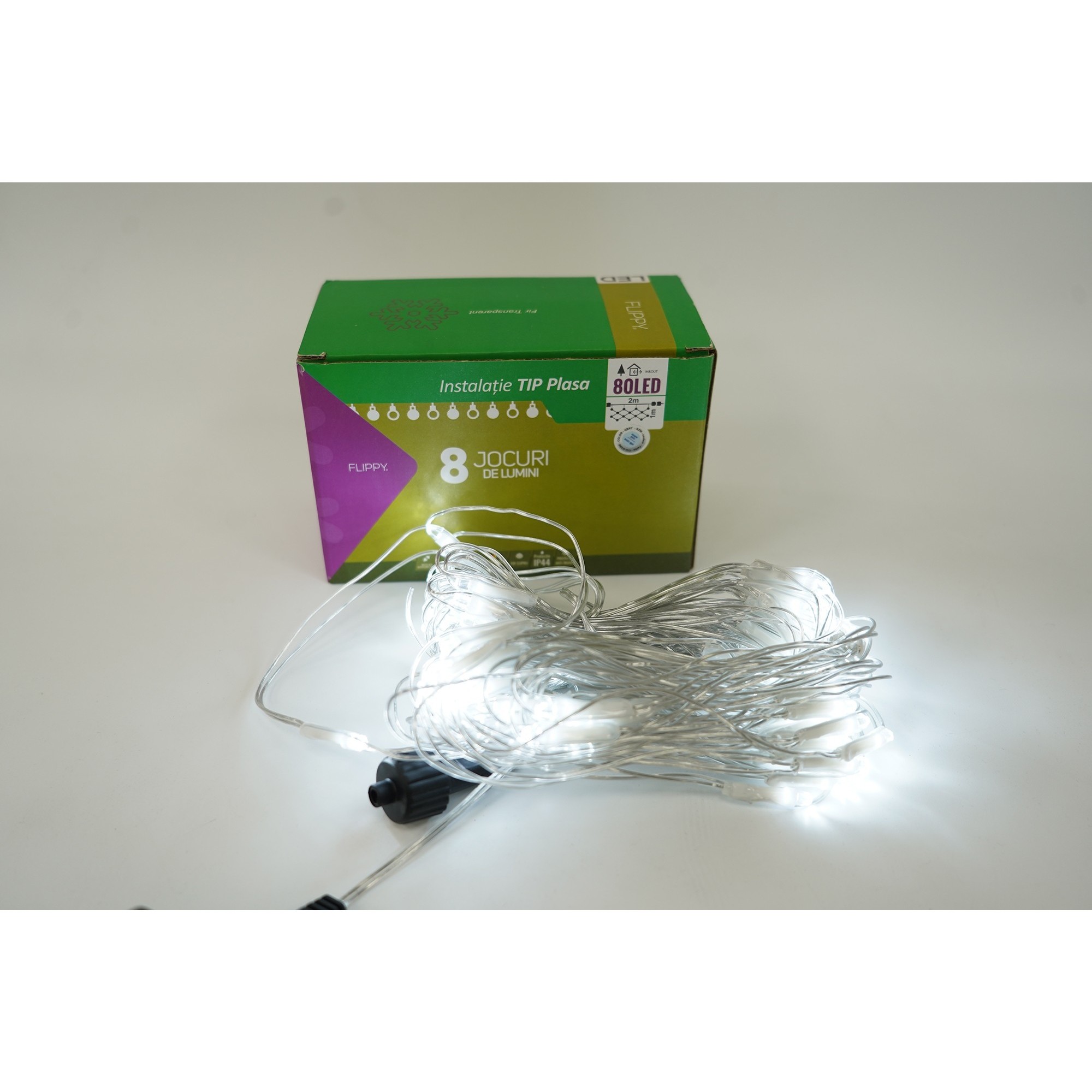 Sectiune Instalatie de Craciun , Tip Plasa, 80 LED-uri, 2 m x 1 m, 8 jocuri de lumini, Interconectabila, Fir transparent, Alb rece 3