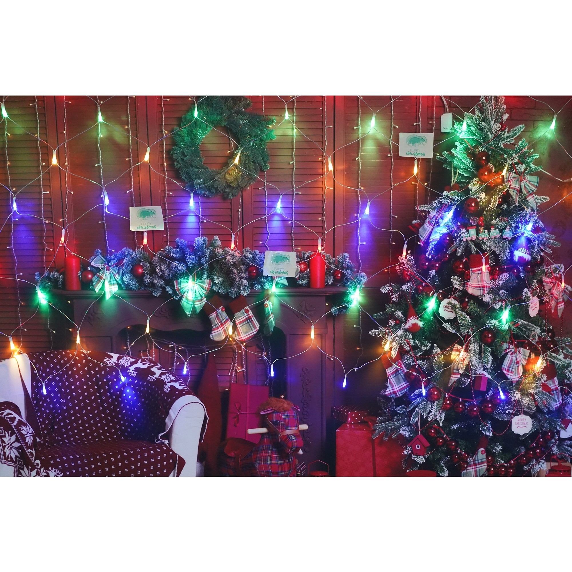 Sectiune Instalatie de Craciun , Tip Plasa, 80 LED-uri, 2 m x 1 m, 8 jocuri de lumini, Interconectabila, Fir transparent, Multicolor 3