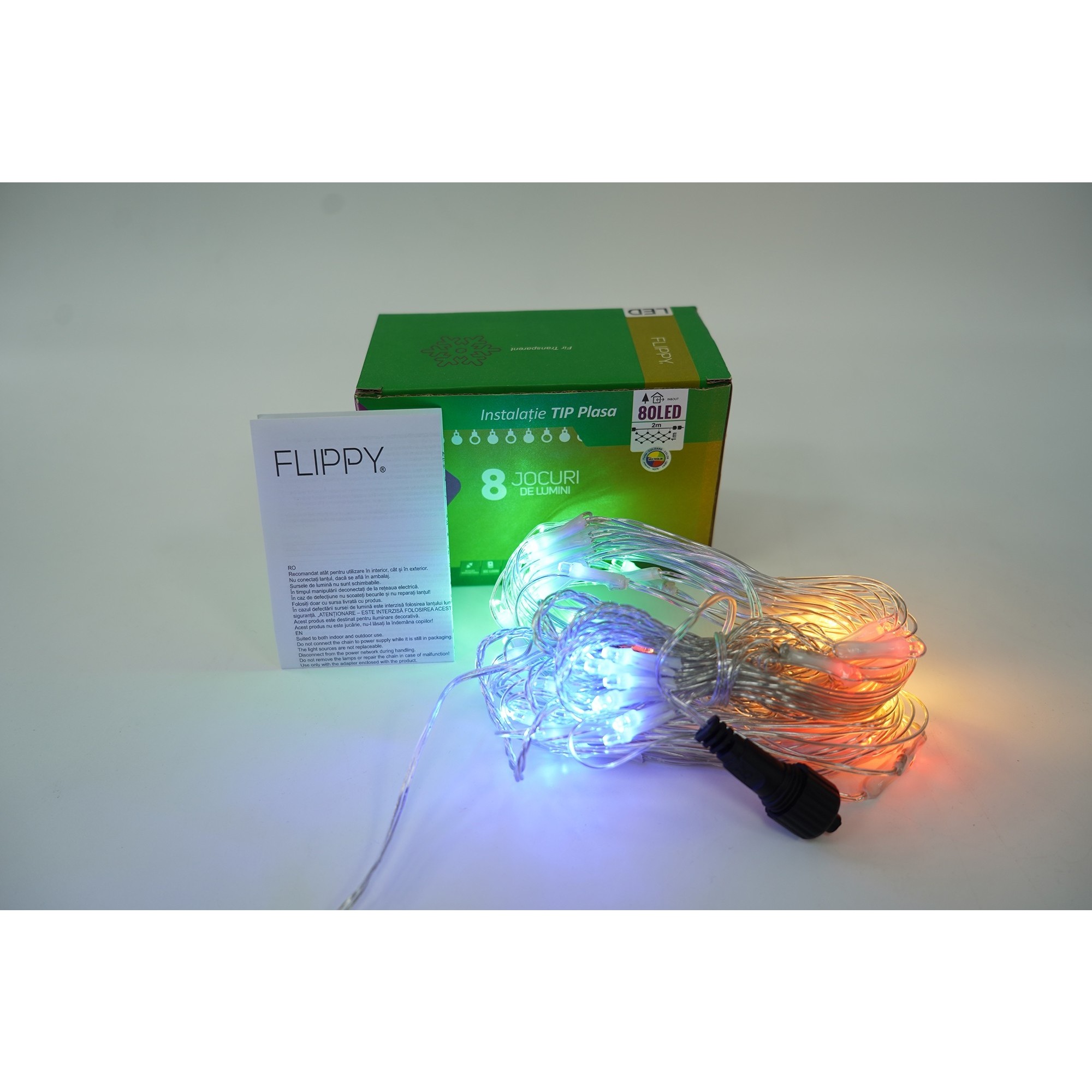 Sectiune Instalatie de Craciun , Tip Plasa, 80 LED-uri, 2 m x 1 m, 8 jocuri de lumini, Interconectabila, Fir transparent, Multicolor 4