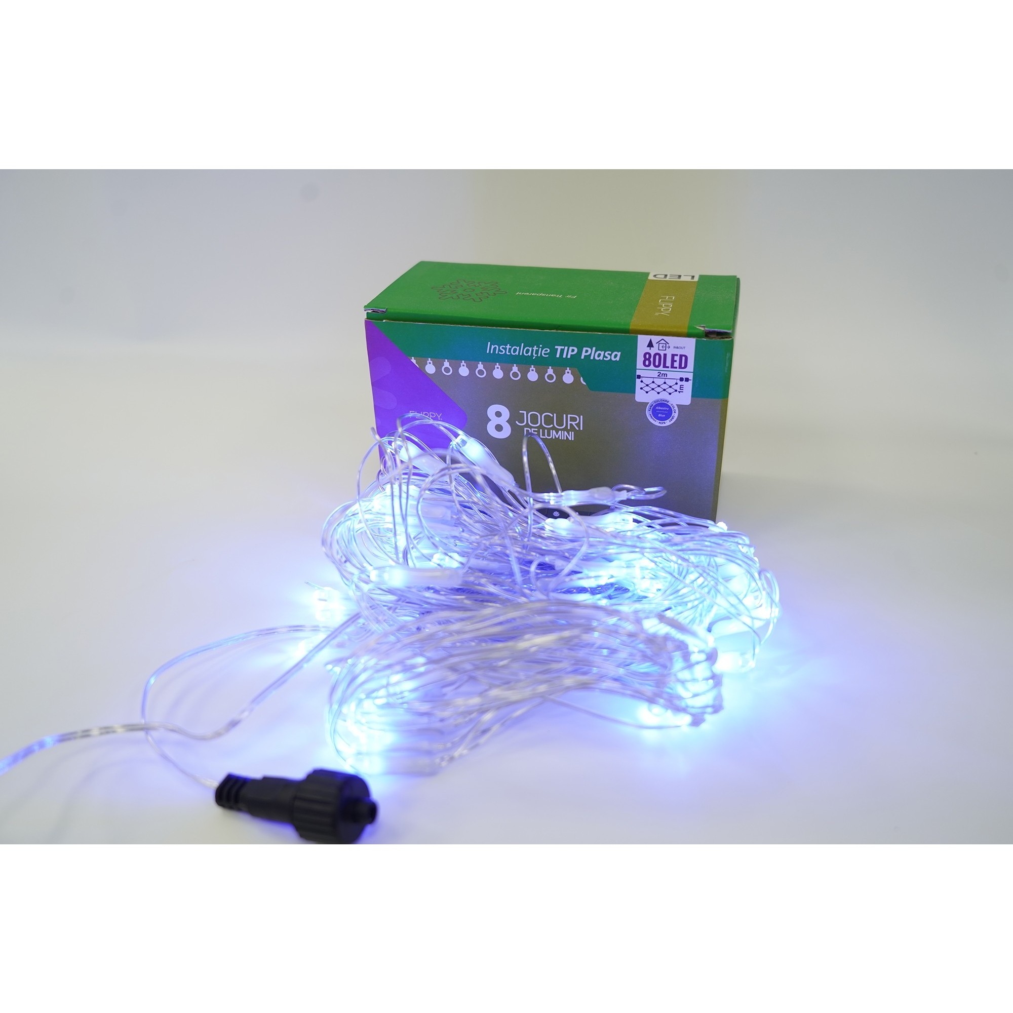 Sectiune Instalatie de Craciun , Tip Plasa, 80 LED-uri, 2 m x 1 m, 8 jocuri de lumini, Interconectabila, Fir transparent, Albastru 4