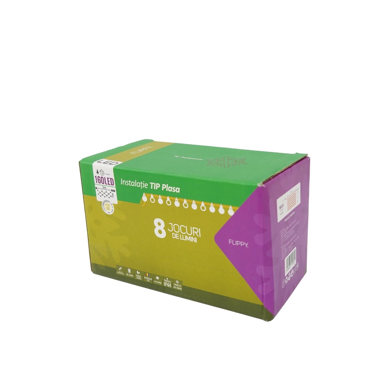 Sectiune Instalatie de Craciun Flippy, Tip Plasa, 160 LED-uri, 3 m x 1 m, 8 jocuri de lumini, Interconectabila, Fir transparent, Alb cald