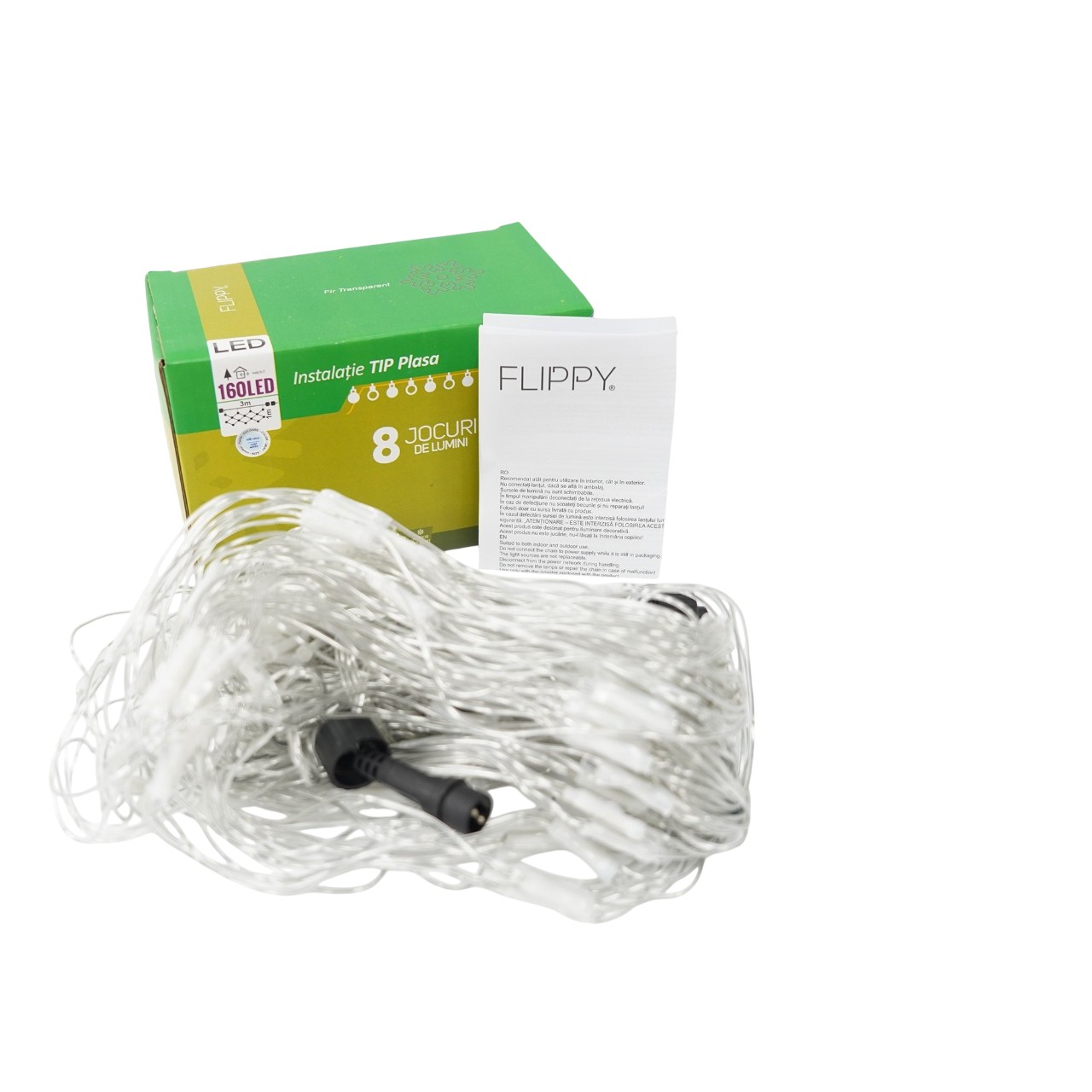 Sectiune Instalatie de Craciun Flippy, Tip Plasa, 160 LED-uri, 3 m x 1 m, 8 jocuri de lumini, Interconectabila, Fir transparent, Alb rece