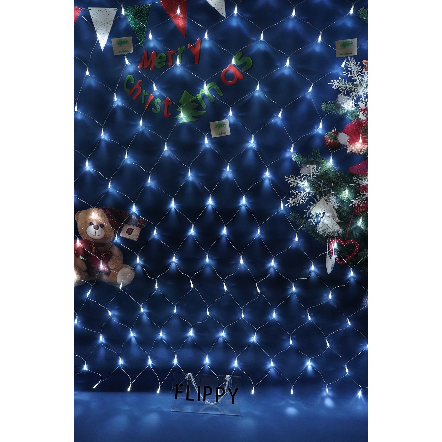 Sectiune Instalatie de Craciun , Tip Plasa, 320 LED-uri, 3 m x 3 m, 8 jocuri de lumini, Interconectabila, Fir transparent, Alb rece 2