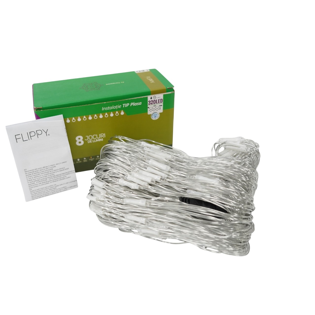 Sectiune Instalatie de Craciun , Tip Plasa, 320 LED-uri, 3 m x 3 m, 8 jocuri de lumini, Interconectabila, Fir transparent, Alb rece 5