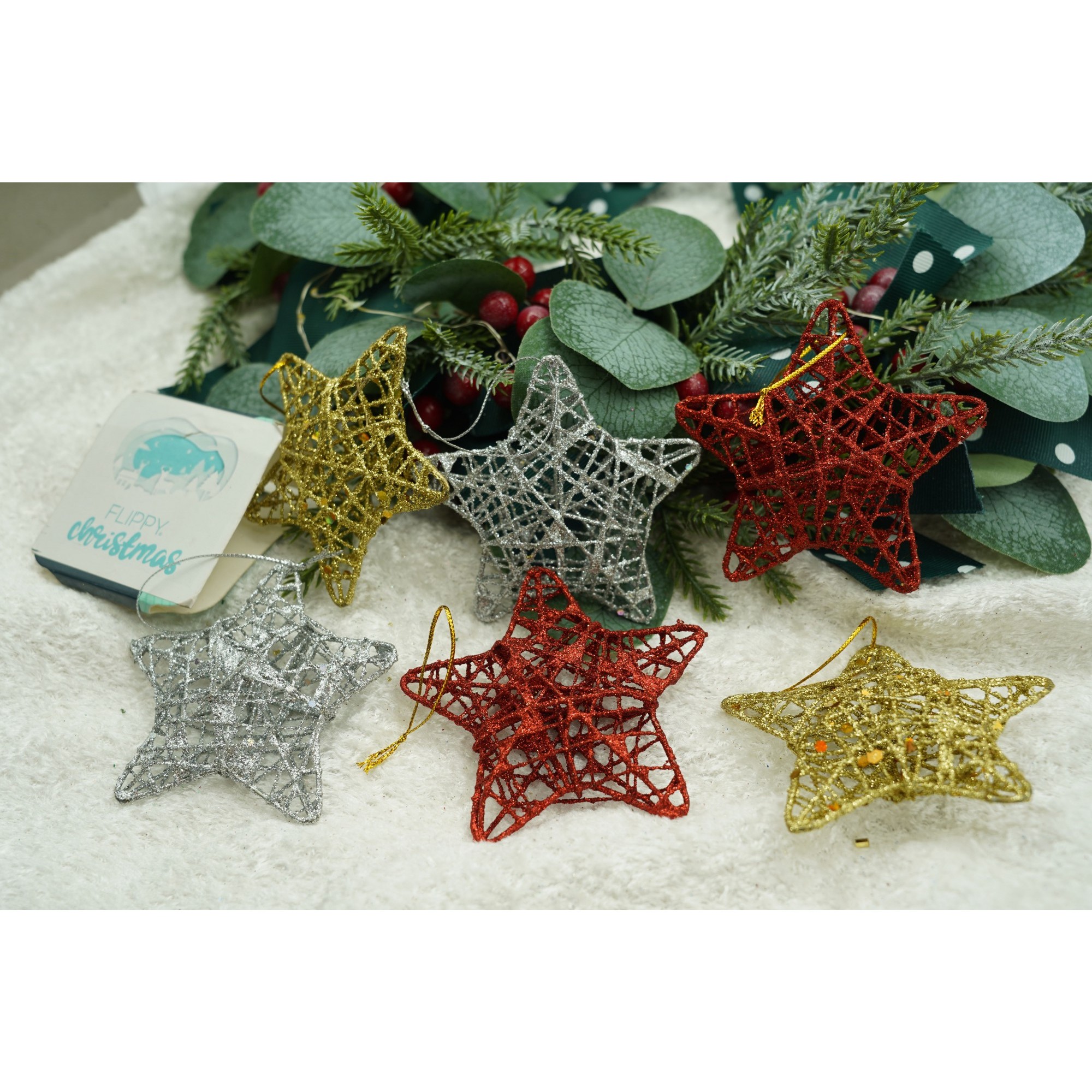 Set de 6 ornamente de brad, Flippy, de tip Stea, Multicolor, din metal, cu finisaj sclipitor , cutie  3  cm adancime x 27  cm lungime x 8  cm inaltime