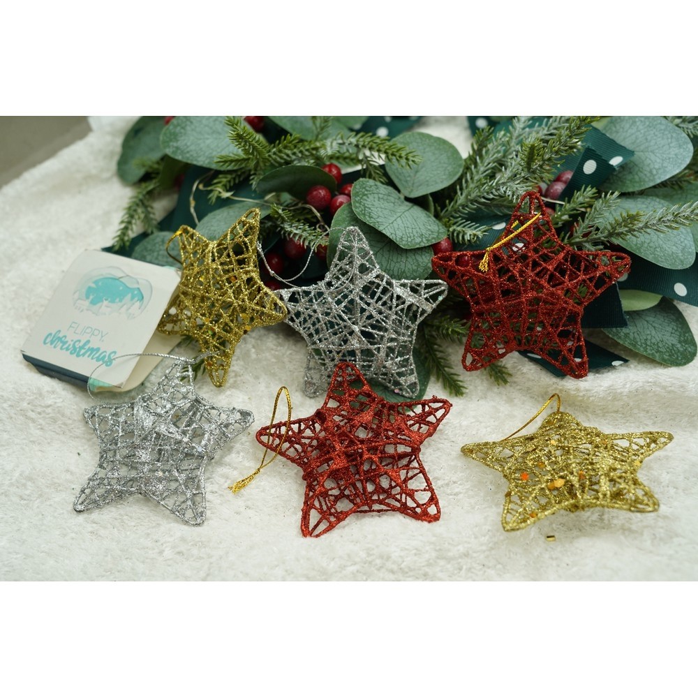 Set de 6 ornamente de brad, Flippy, de tip Stea, Multicolor, din metal, cu finisaj sclipitor , cutie  3  cm adancime x 27  cm lungime x 8  cm inaltime
