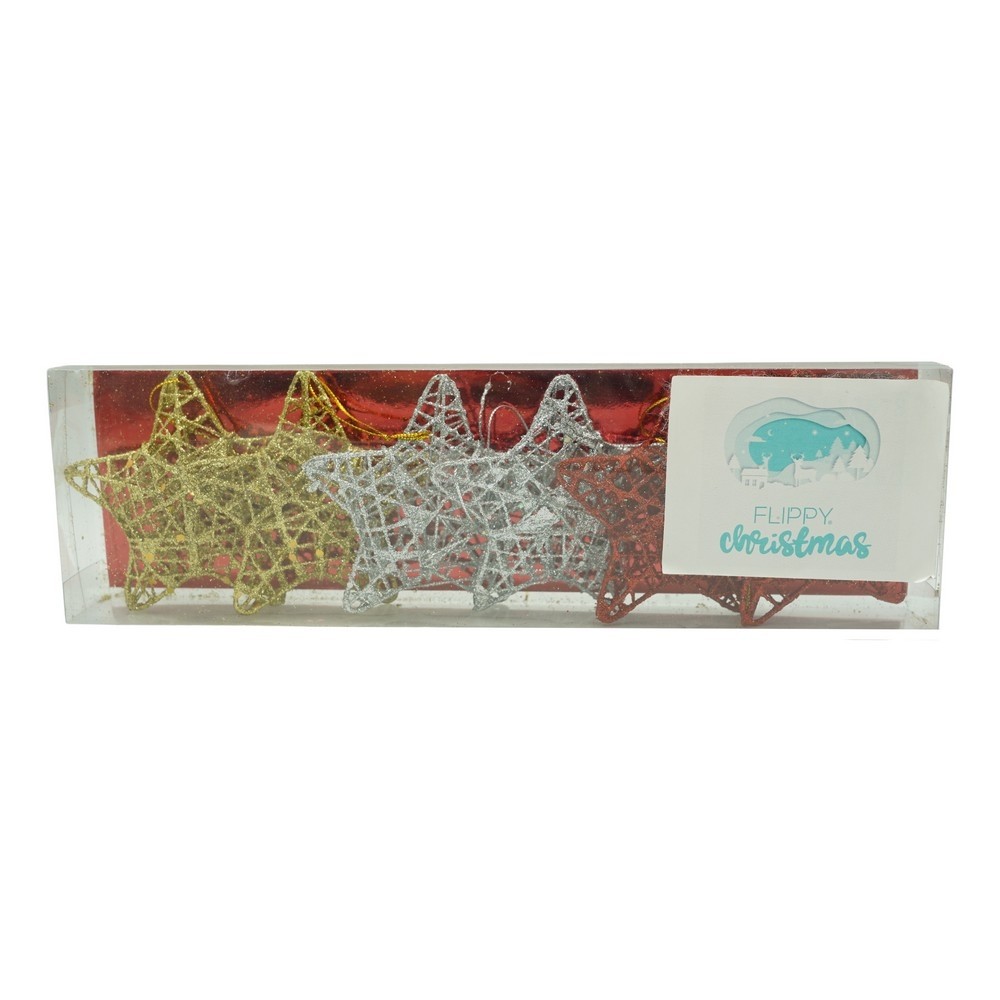 Set de 6 ornamente de brad, Flippy, de tip Stea, Multicolor, din metal, cu finisaj sclipitor , cutie  3  cm adancime x 27  cm lungime x 8  cm inaltime