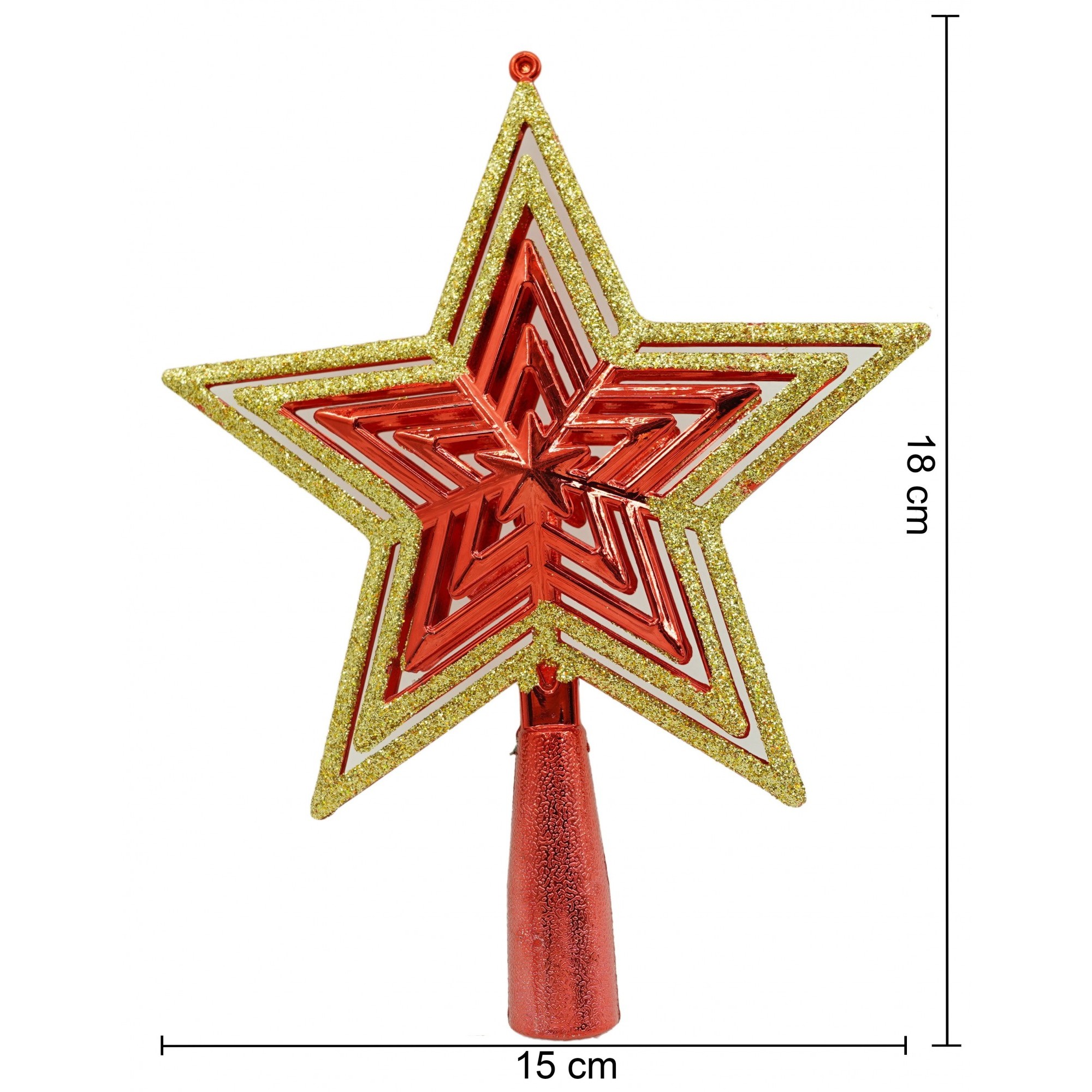 Varf decorativ de brad, Auriu/ Rosu, in forma de Stea, design de stele, din Plastic, 15 cm x 18 cm, Interior/Exterior, Flippy