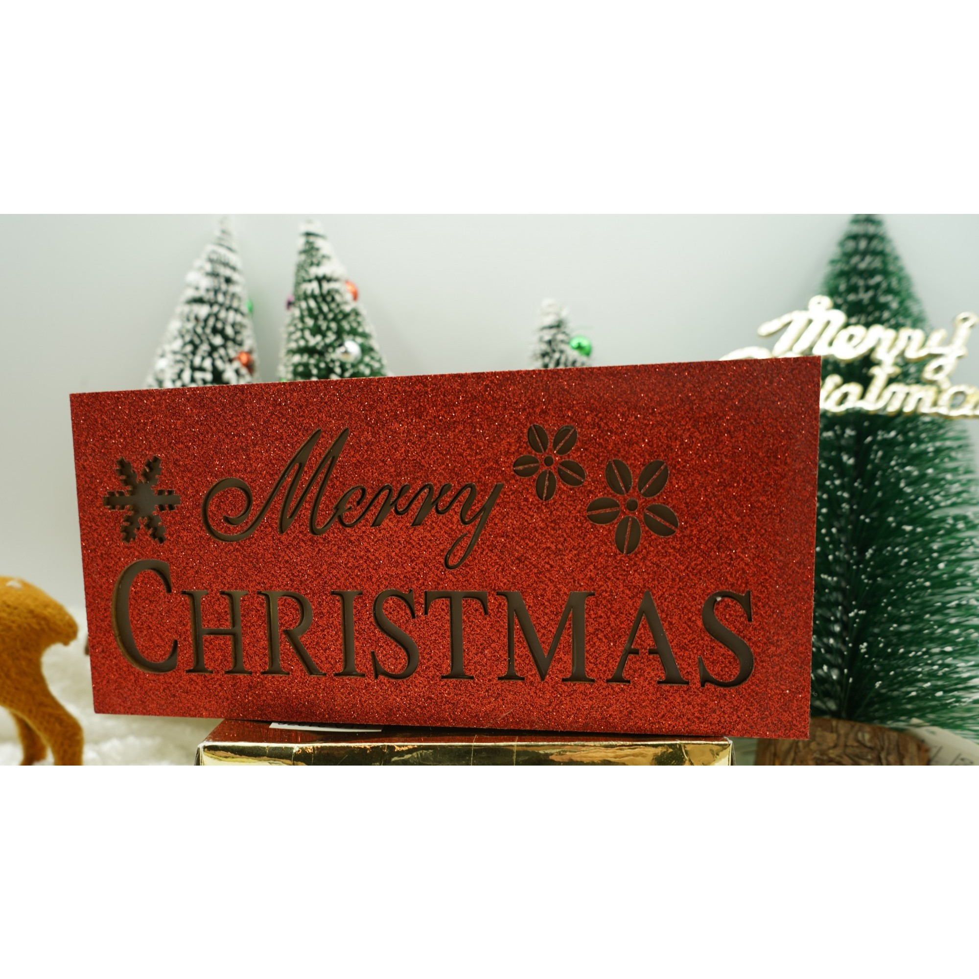 Decoratiune luminoasa, Flippy, Marry Christmas, rosu, lungime: 19 cm, latime: 9 cm, inaltime: 4 cm, lemn, interior/exterior