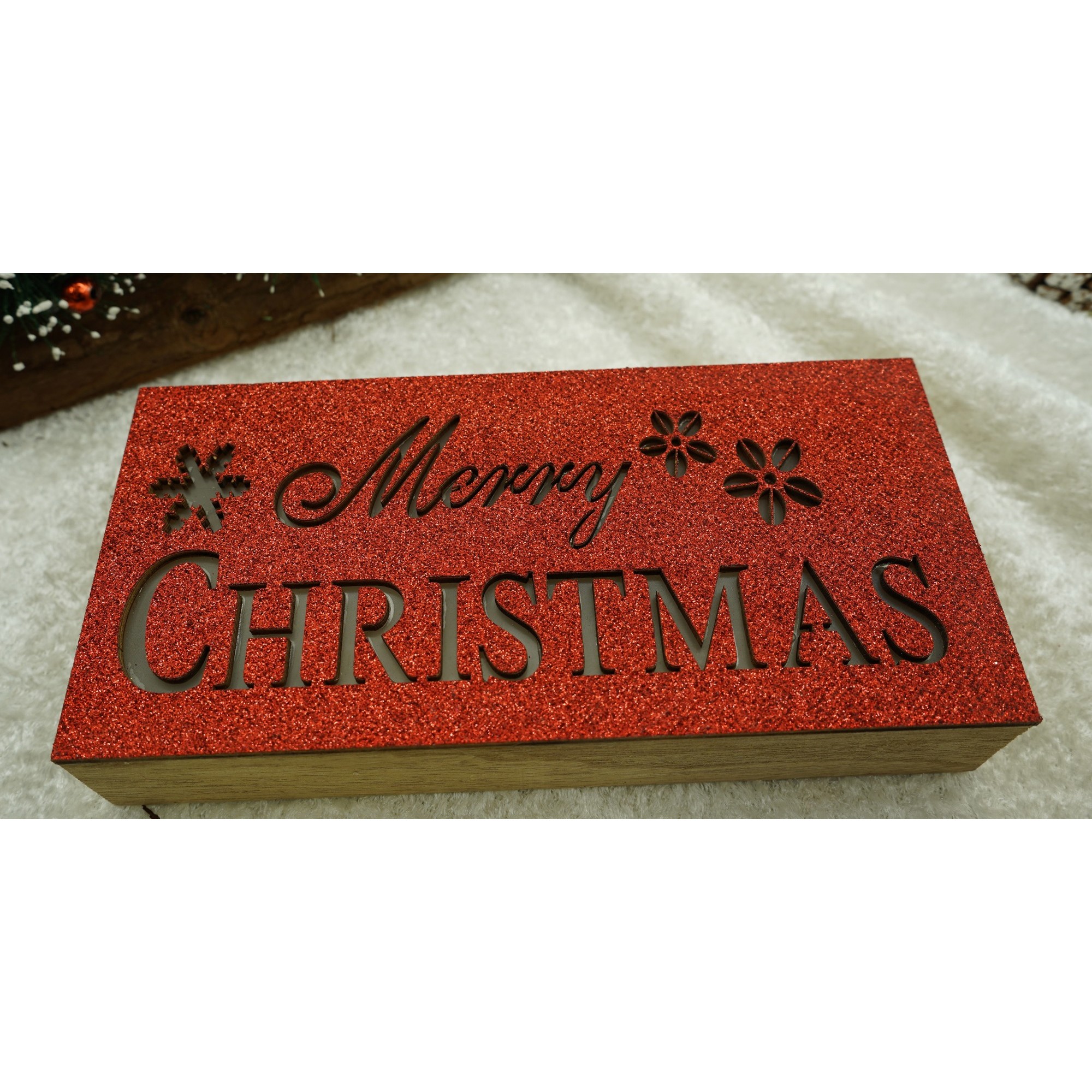 Decoratiune luminoasa, Flippy, Marry Christmas, rosu, lungime: 19 cm, latime: 9 cm, inaltime: 4 cm, lemn, interior/exterior