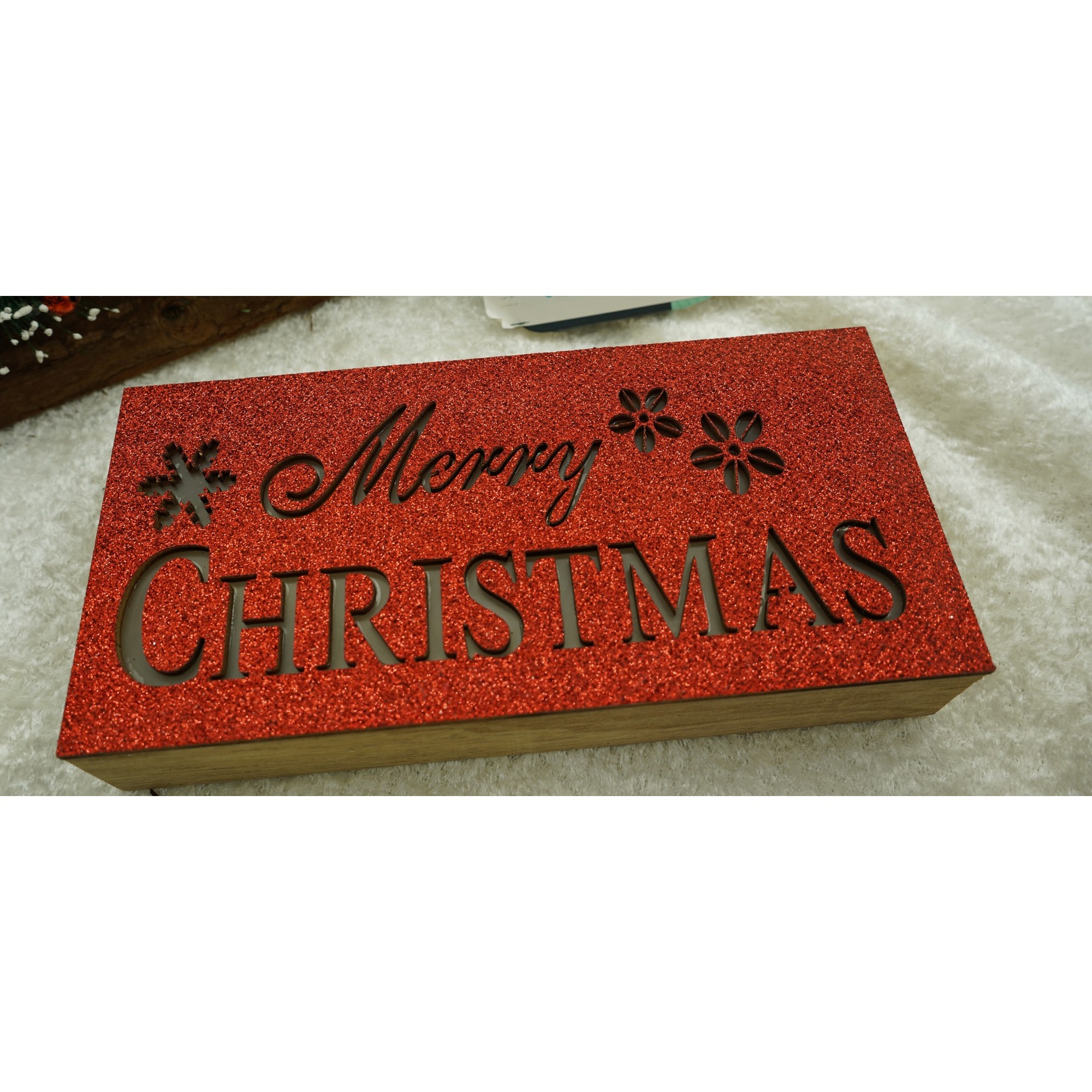 Decoratiune luminoasa, Flippy, Marry Christmas, rosu, lungime: 19 cm, latime: 9 cm, inaltime: 4 cm, lemn, interior/exterior