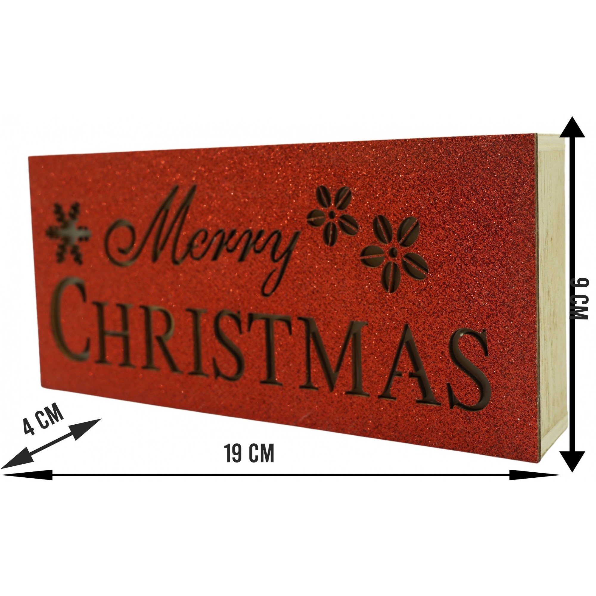 Decoratiune luminoasa, Flippy, Marry Christmas, rosu, lungime: 19 cm, latime: 9 cm, inaltime: 4 cm, lemn, interior/exterior