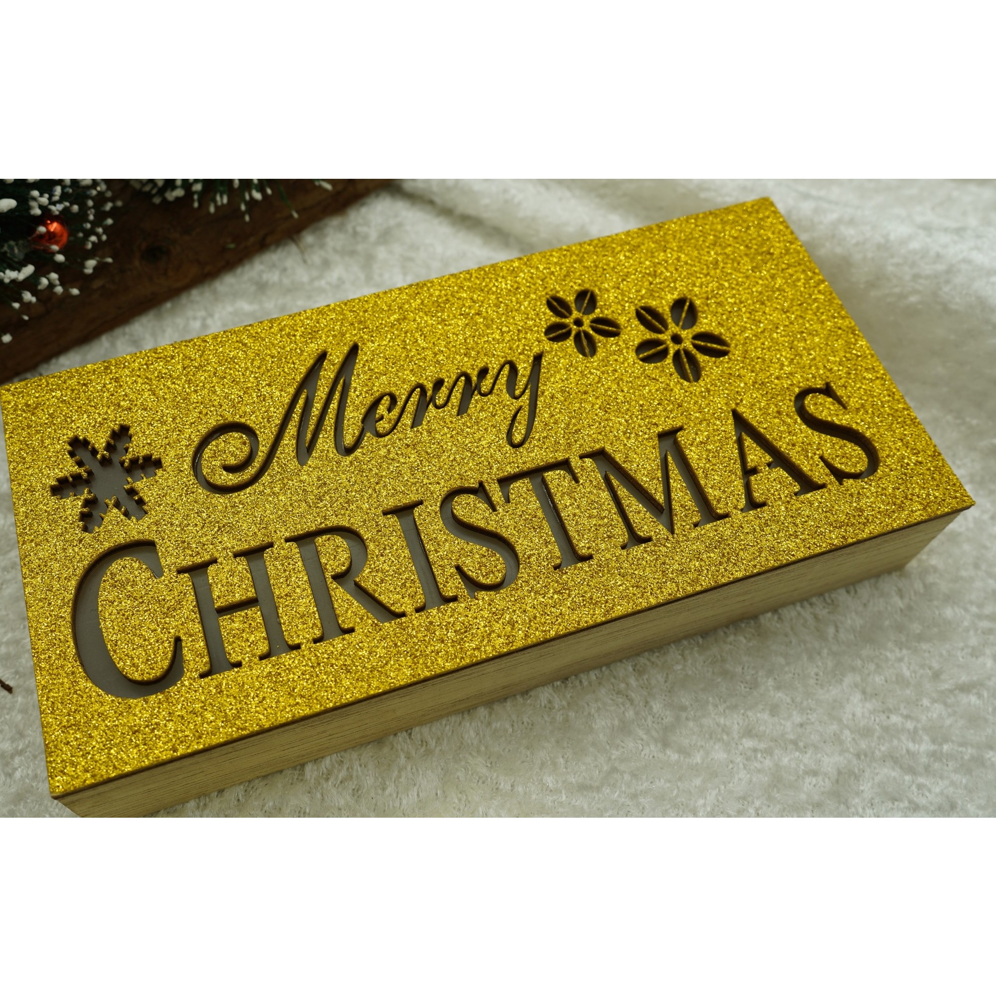 Decoratiune luminoasa, Flippy, Marry Christmas, galben, lungime: 19 cm, latime: 9 cm, inaltime: 4 cm, lemn, interior/exterior