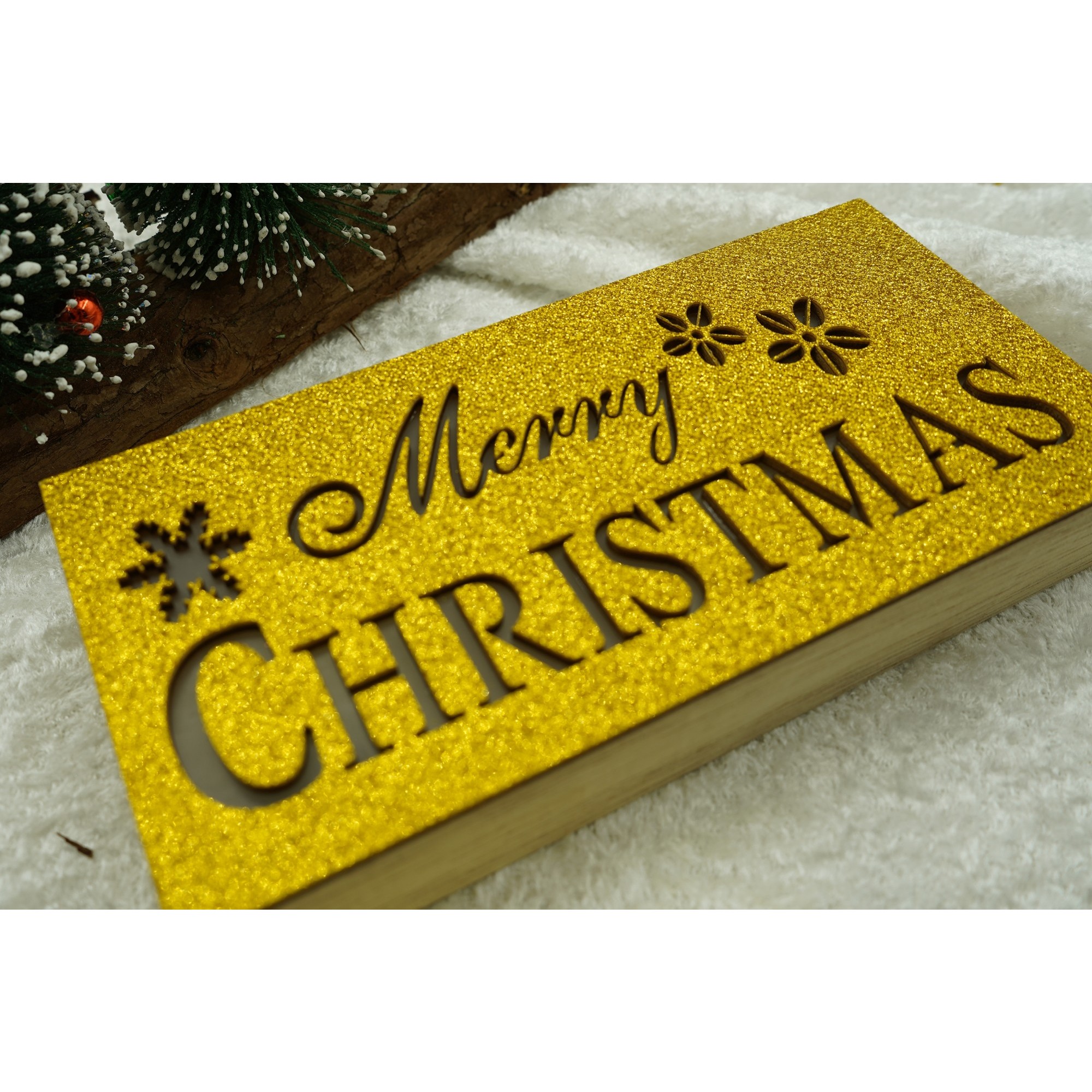 Decoratiune luminoasa, Flippy, Marry Christmas, galben, lungime: 19 cm, latime: 9 cm, inaltime: 4 cm, lemn, interior/exterior