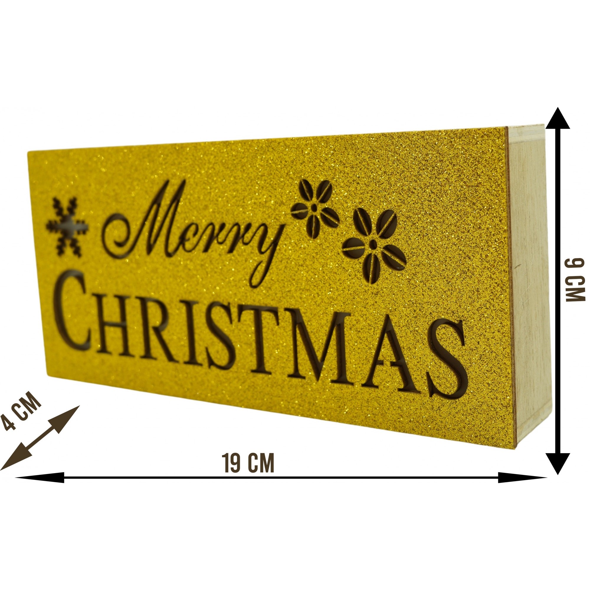 Decoratiune luminoasa, Flippy, Marry Christmas, galben, lungime: 19 cm, latime: 9 cm, inaltime: 4 cm, lemn, interior/exterior