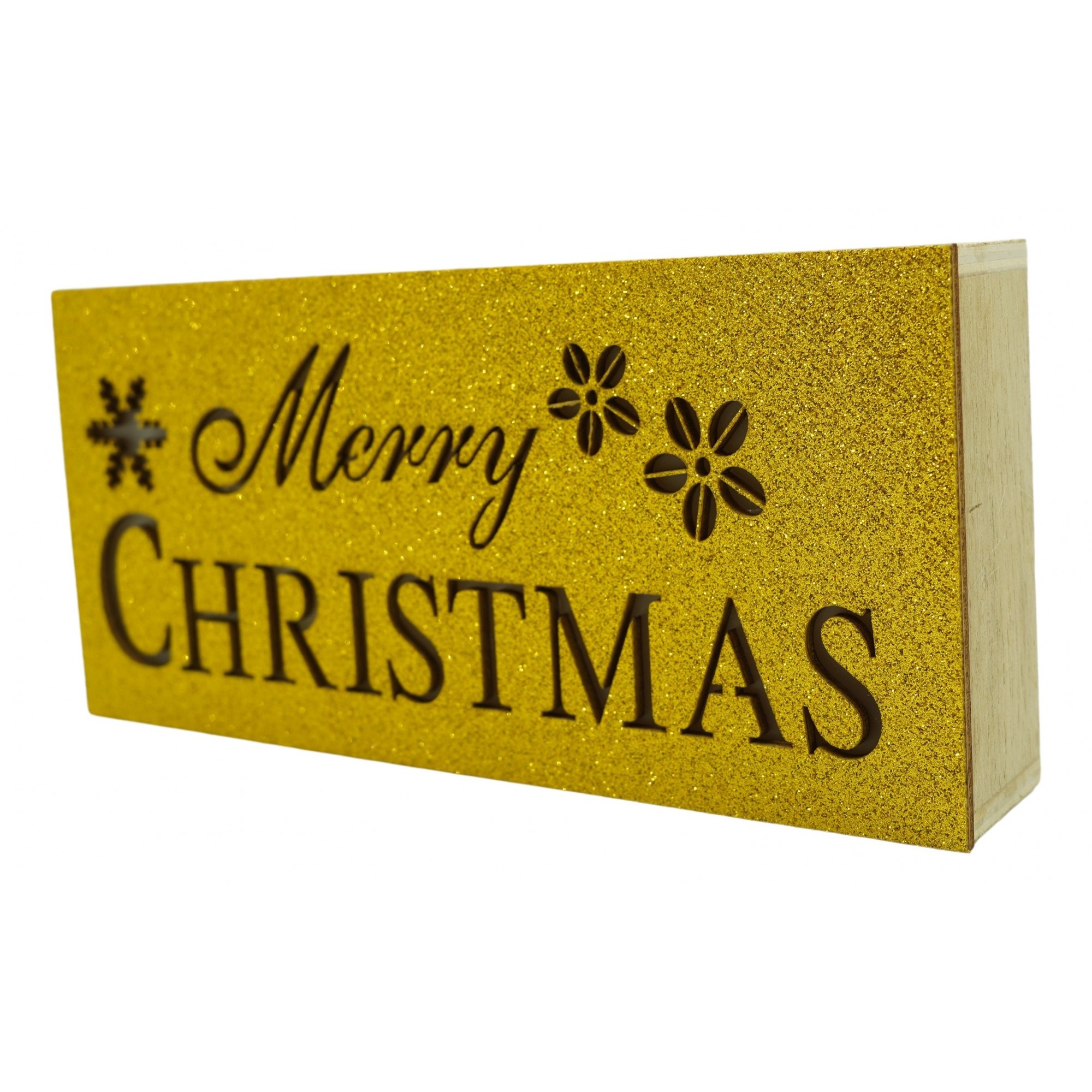 Decoratiune luminoasa, Flippy, Marry Christmas, galben, lungime: 19 cm, latime: 9 cm, inaltime: 4 cm, lemn, interior/exterior