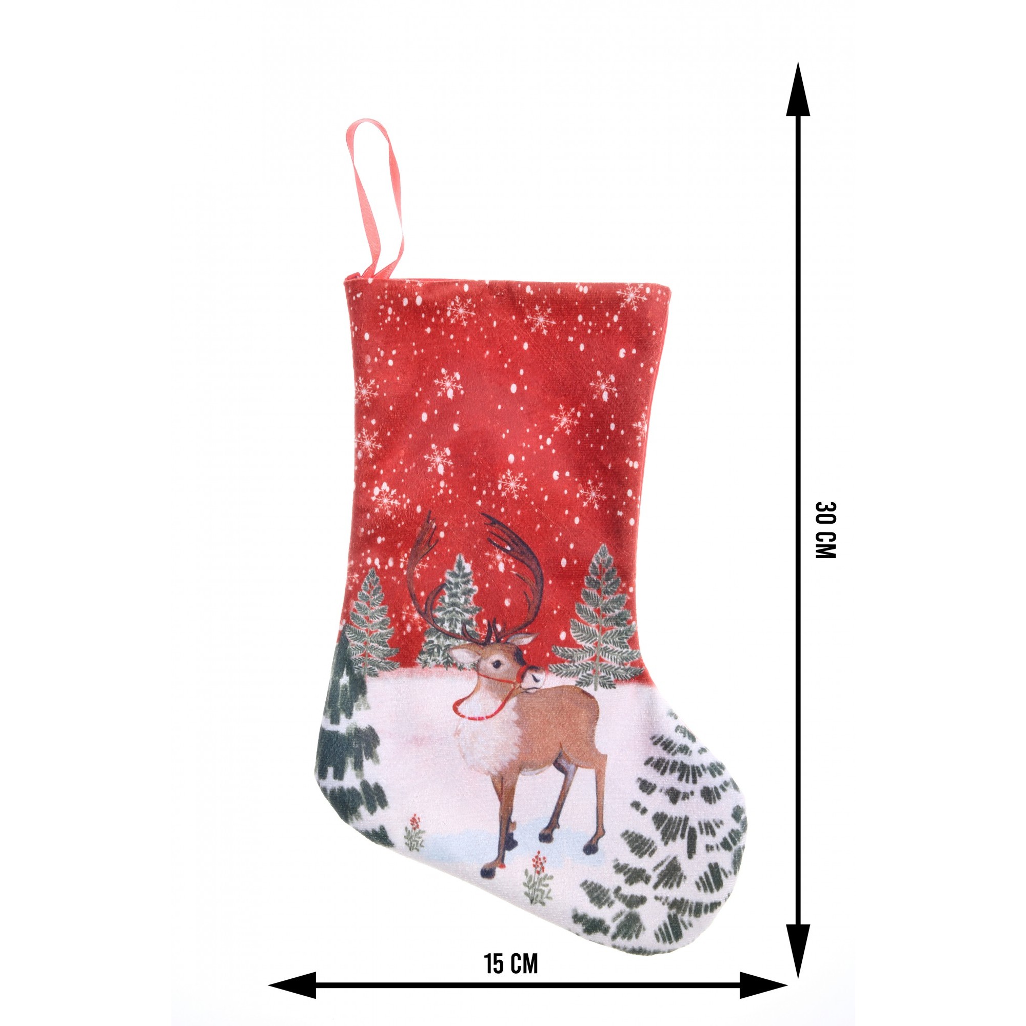Ciorap Cadouri, culoare rosie, imprimeu ren, marimea 15x30 cm, Flippy